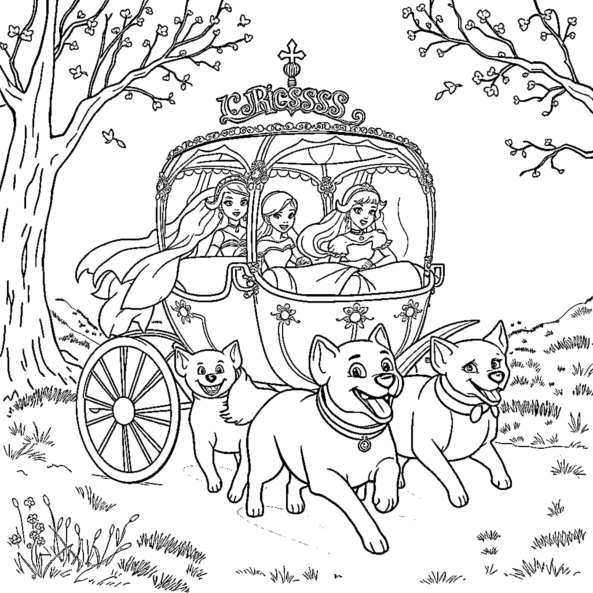Carrosse of princesses riding with animals in the woods Coloring Page (free black-and-white line drawing printable PDF for all, from beginners to advanced learners, including children, teens, adults, and seniors)