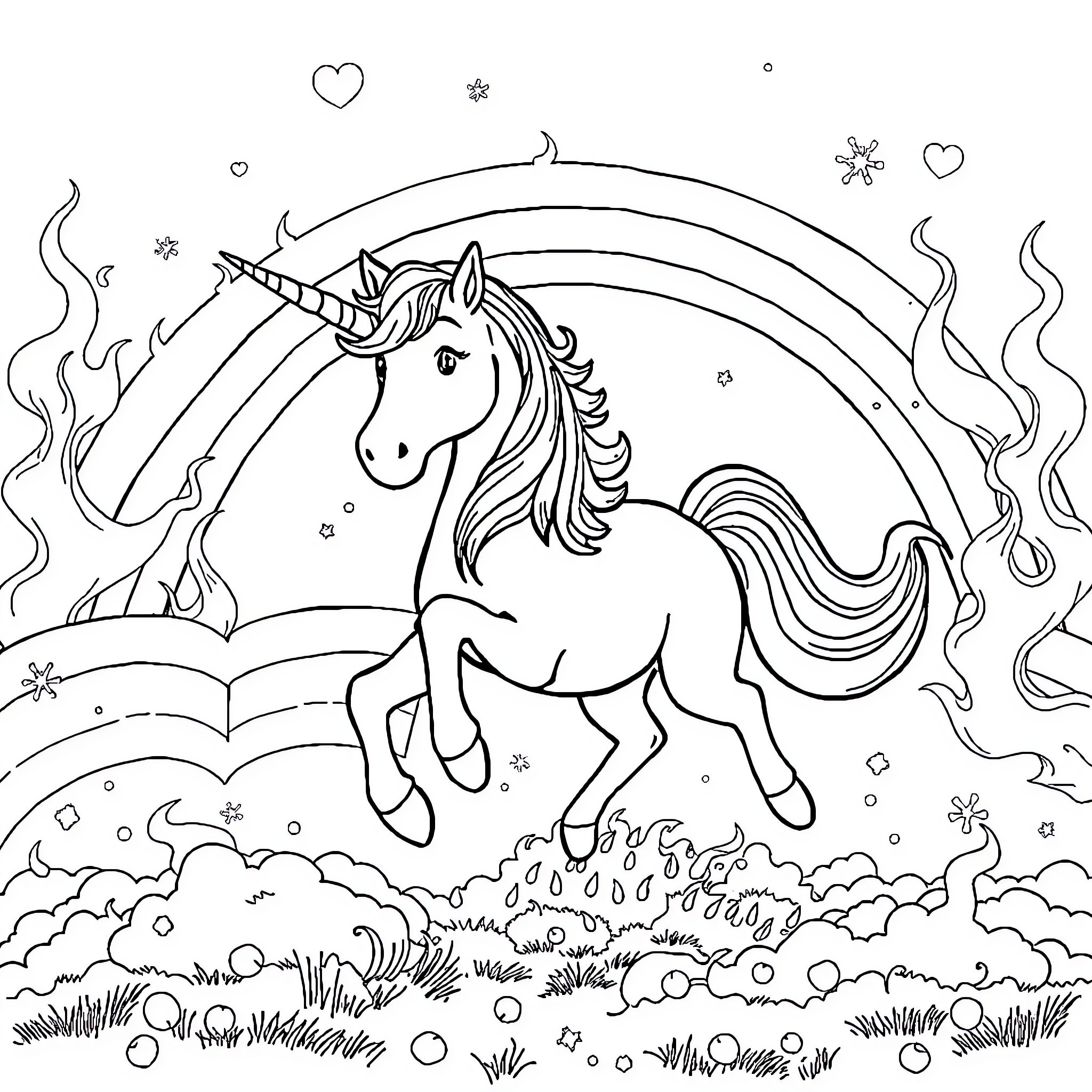 Unicorn Prancing Joyfully through Magical Landscape Coloring Page (free black-and-white line drawing printable PDF for all, from beginners to advanced learners, including children, teens, adults, and seniors)