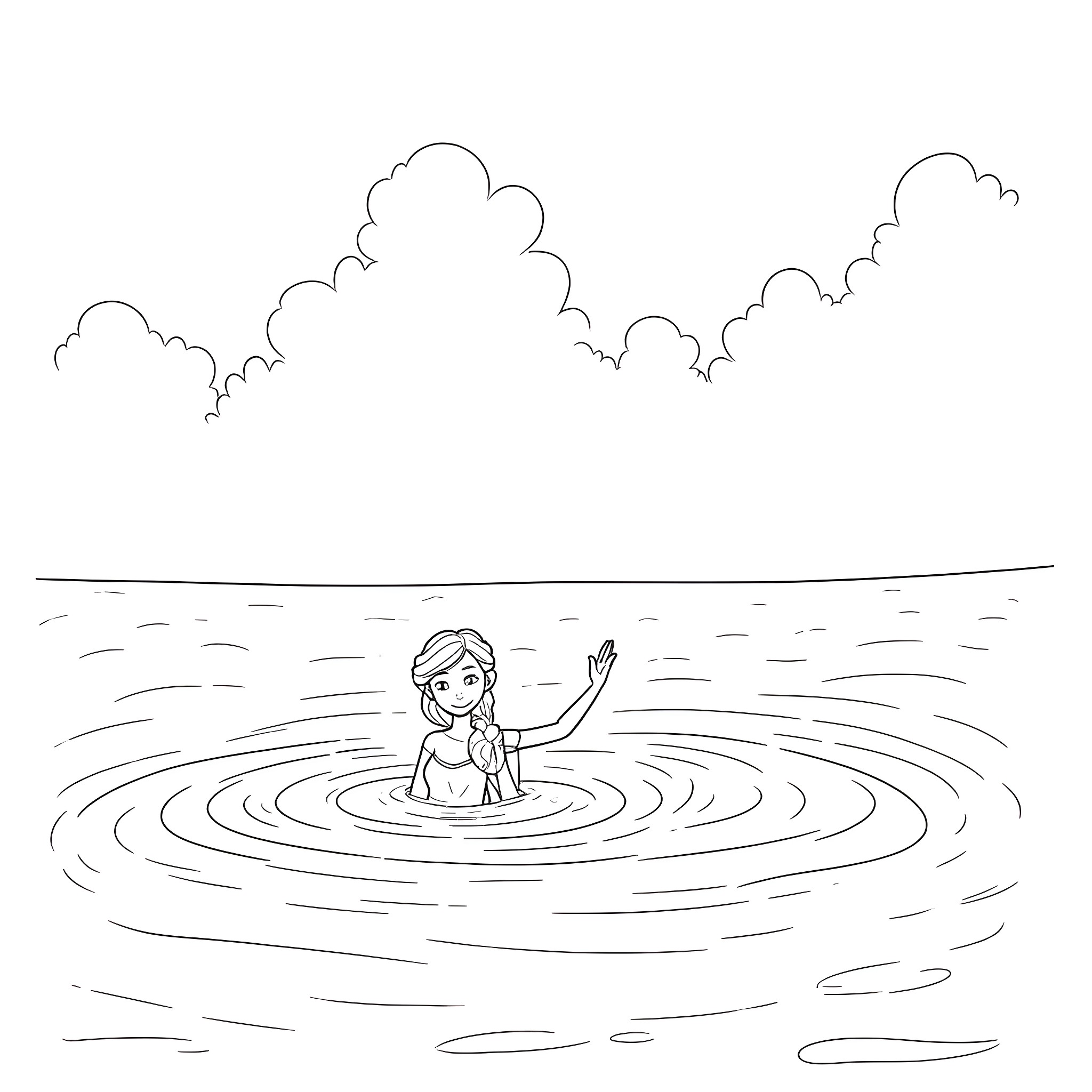 Elsa floating gracefully in the tranquil waters Coloring Page (free black-and-white line drawing printable PDF for all, from beginners to advanced learners, including children, teens, adults, and seniors)