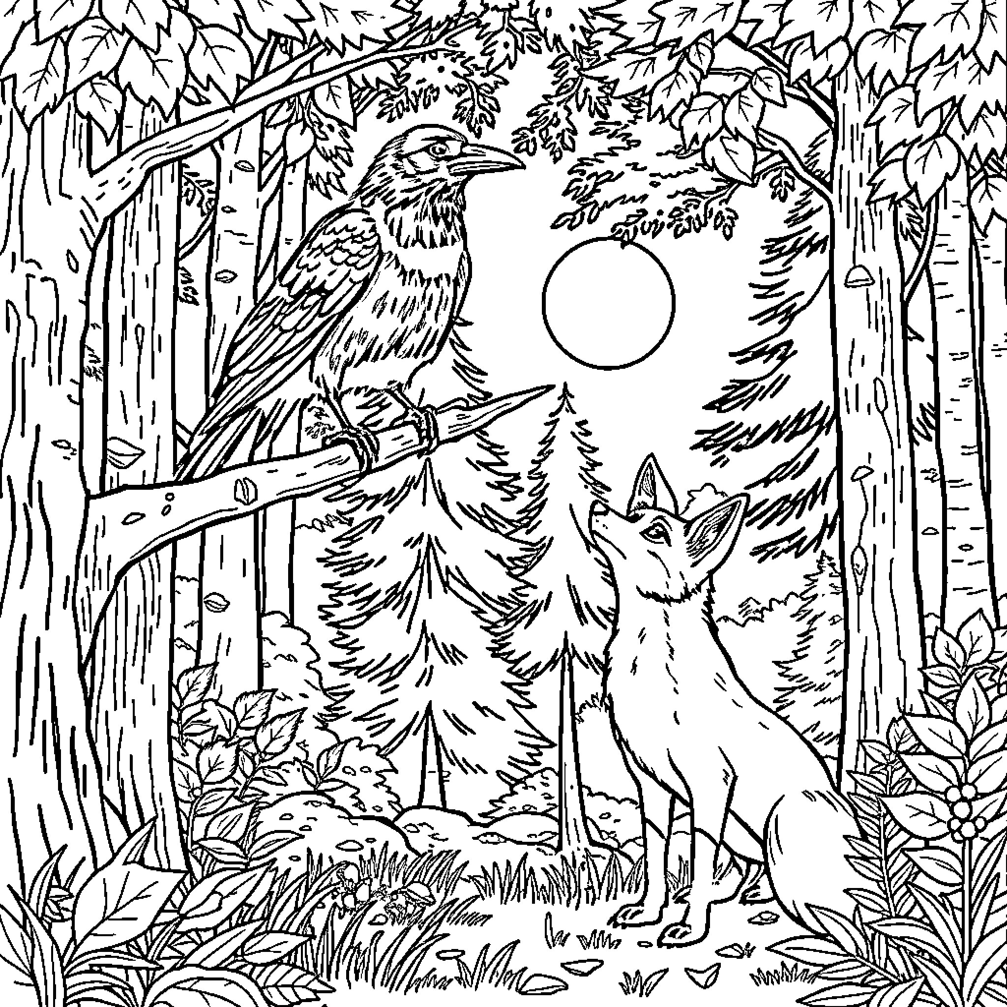 Crow perched on a branch observing the forest scenery Coloring Page (free black-and-white line drawing printable PDF for all, from beginners to advanced learners, including children, teens, adults, and seniors)