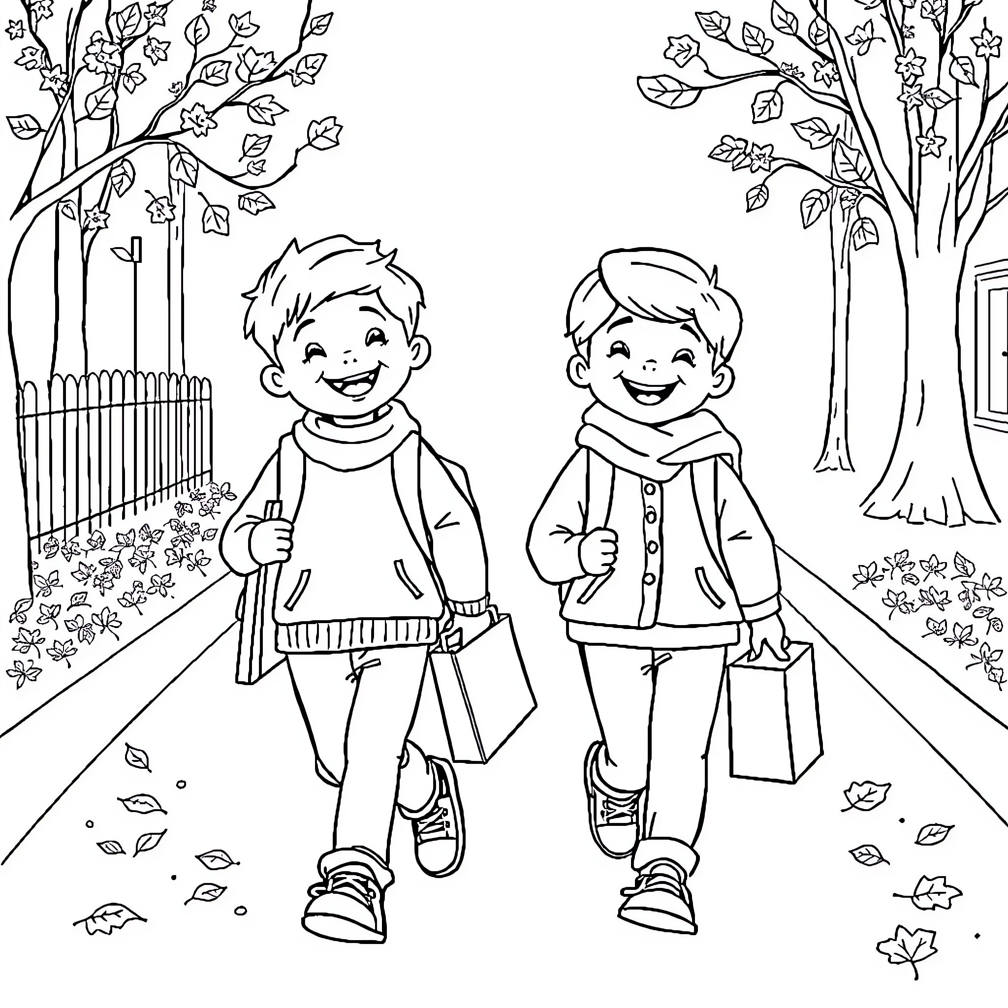 Children walking together in the park Coloring Page (free black-and-white line drawing printable PDF for all, from beginners to advanced learners, including children, teens, adults, and seniors)