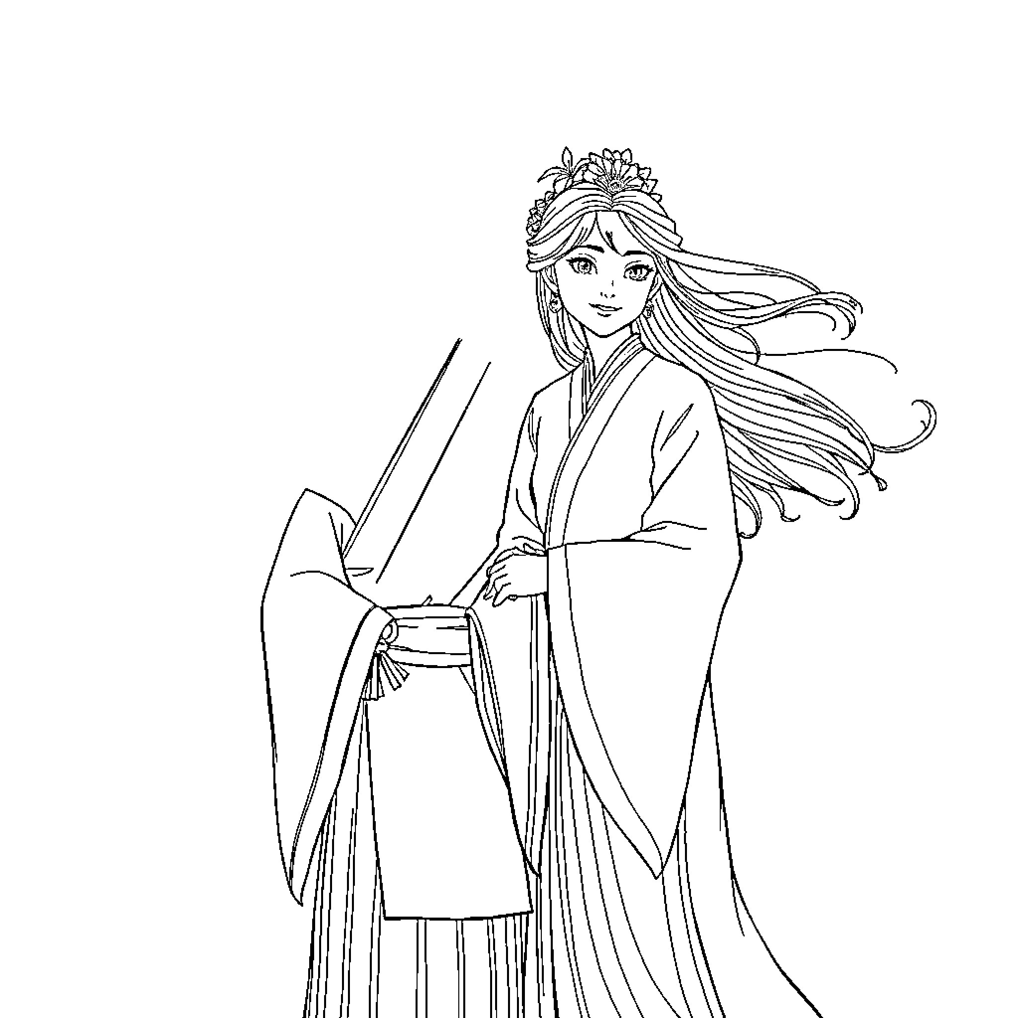 Maomao in Traditional Japanese Attire Coloring Page (free black-and-white line drawing printable PDF for all, from beginners to advanced learners, including children, teens, adults, and seniors)
