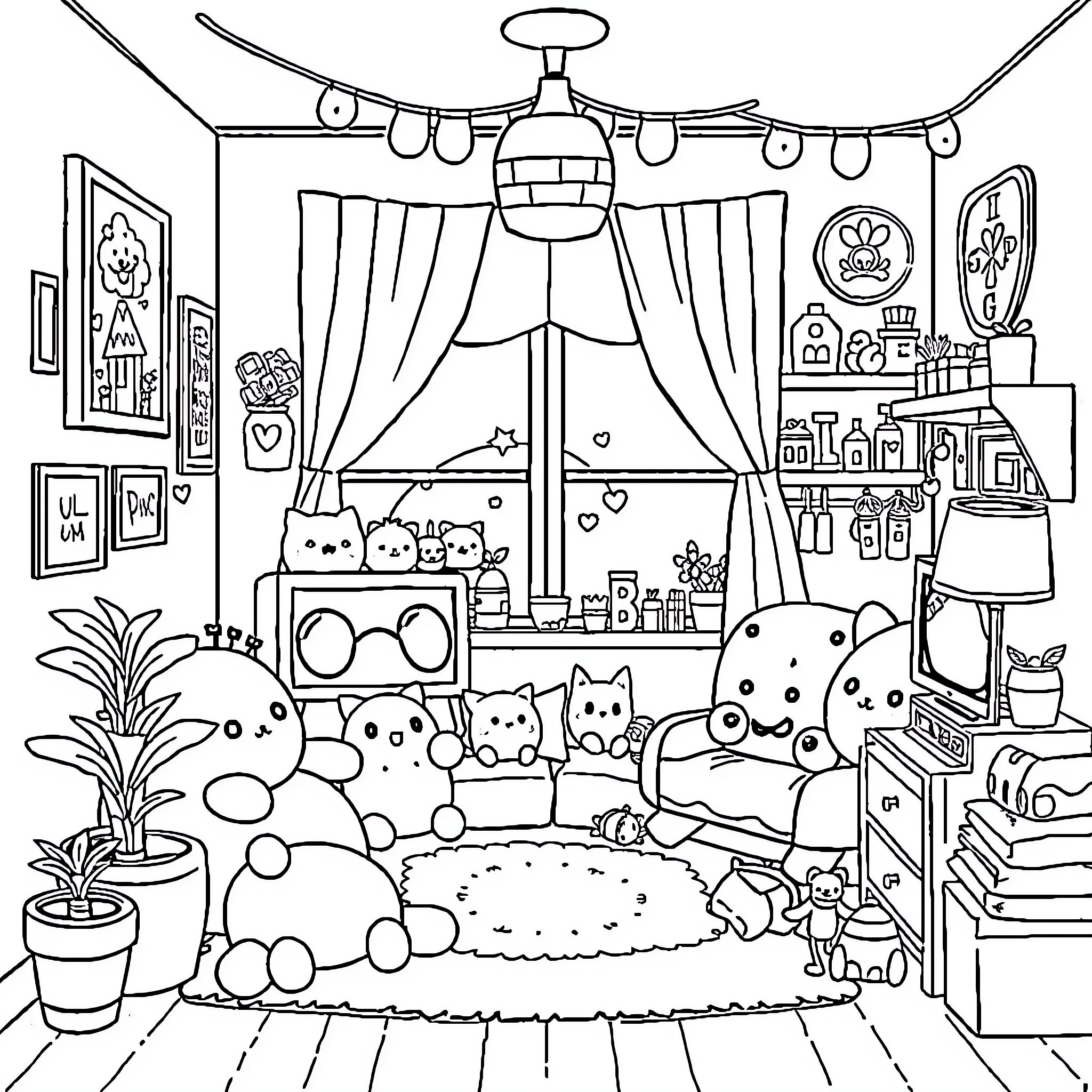 Scene of a cozy bedroom with plush toys Coloring Page (free black-and-white line drawing printable PDF for all, from beginners to advanced learners, including children, teens, adults, and seniors)