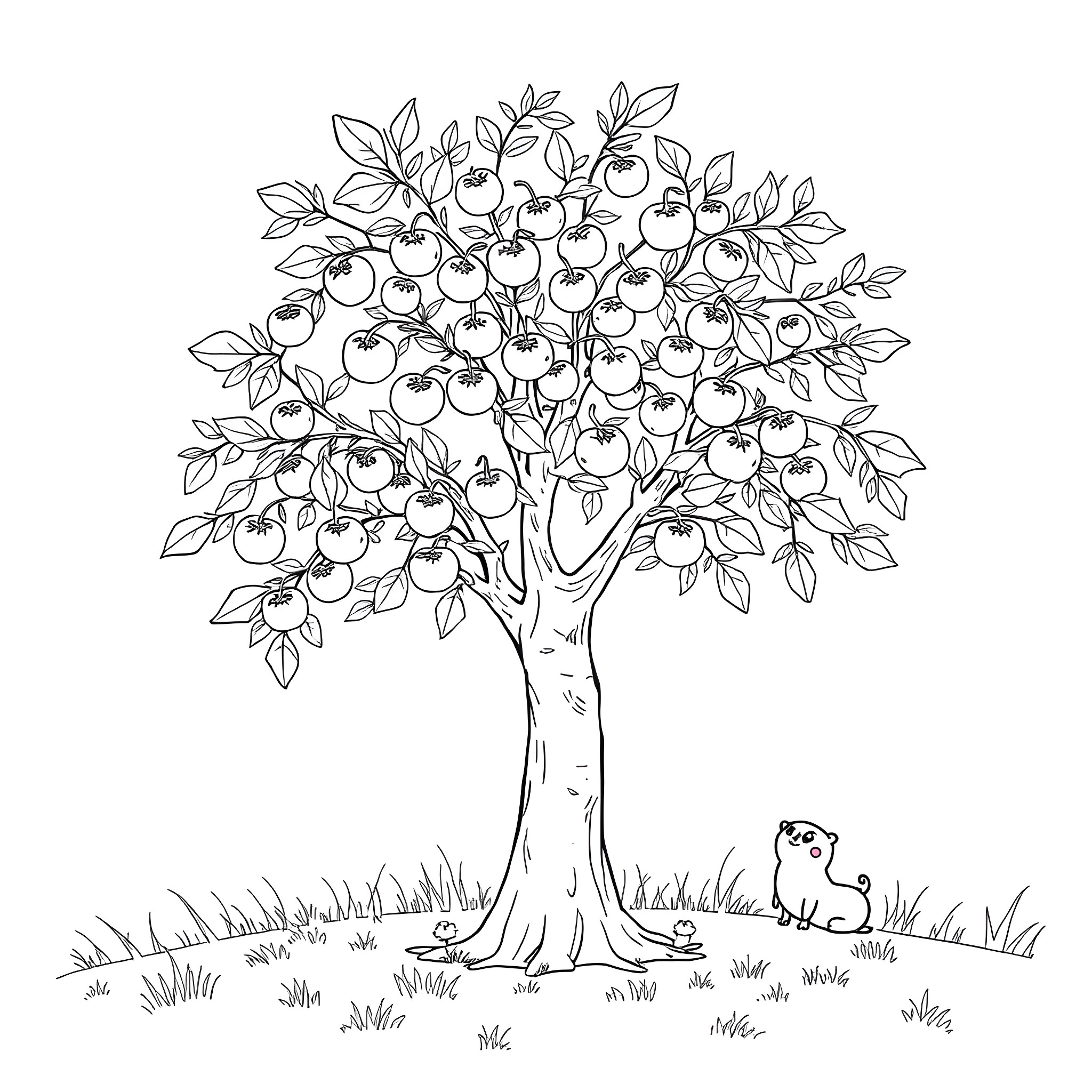 Crab apple tree with curious creature Coloring Page (free black-and-white line drawing printable PDF for all, from beginners to advanced learners, including children, teens, adults, and seniors)
