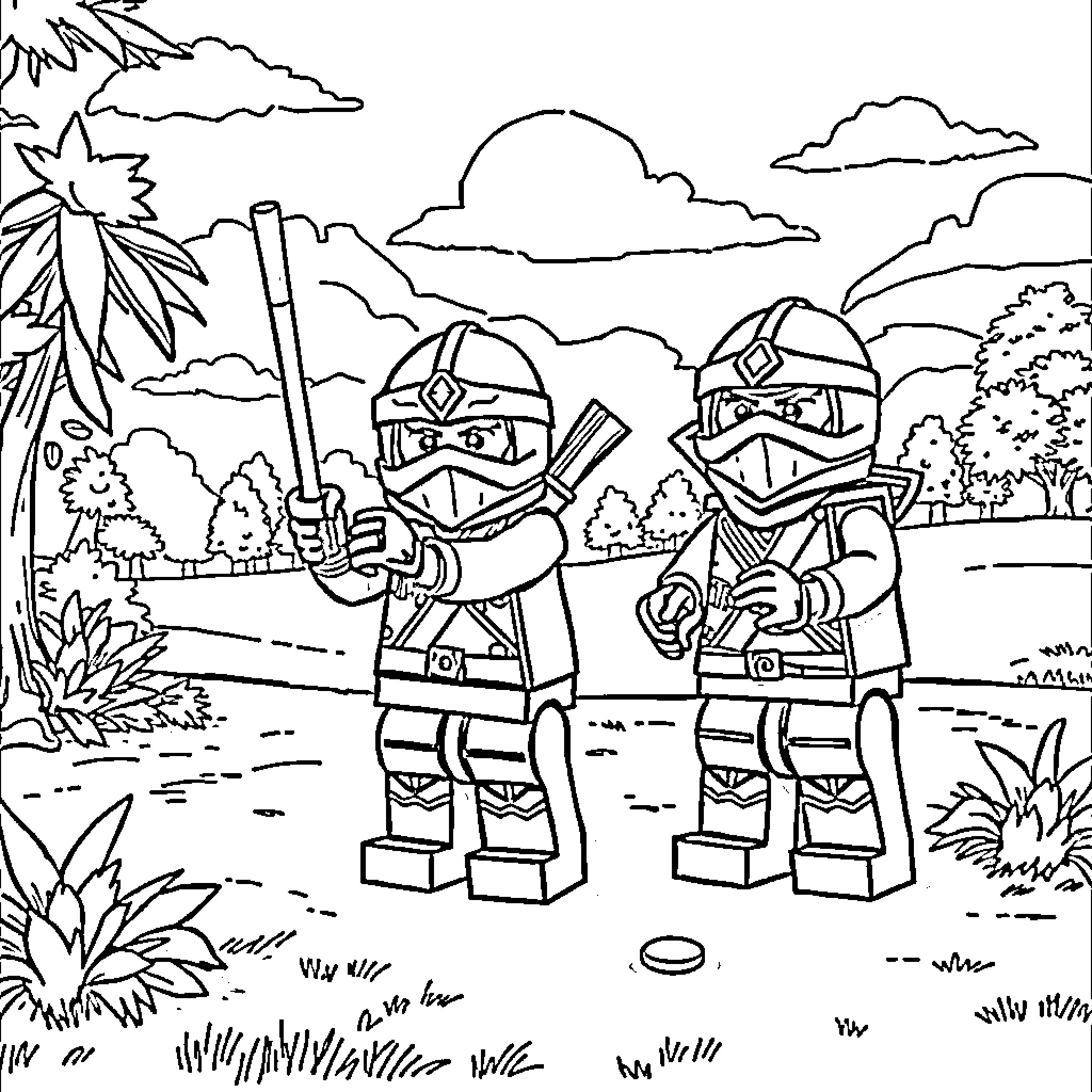Ninjago Warriors on a Jungle Adventure Coloring Page (free black-and-white line drawing printable PDF for all, from beginners to advanced learners, including children, teens, adults, and seniors)