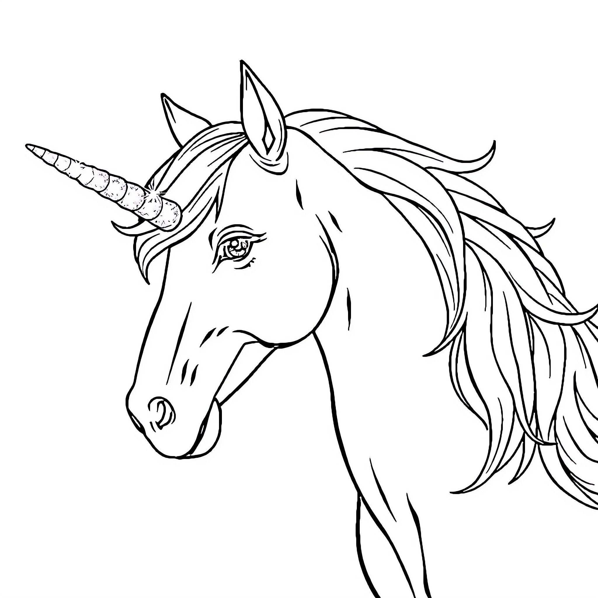 Unicorn with flowing mane and horn Coloring Page (free black-and-white line drawing printable PDF for all, from beginners to advanced learners, including children, teens, adults, and seniors)