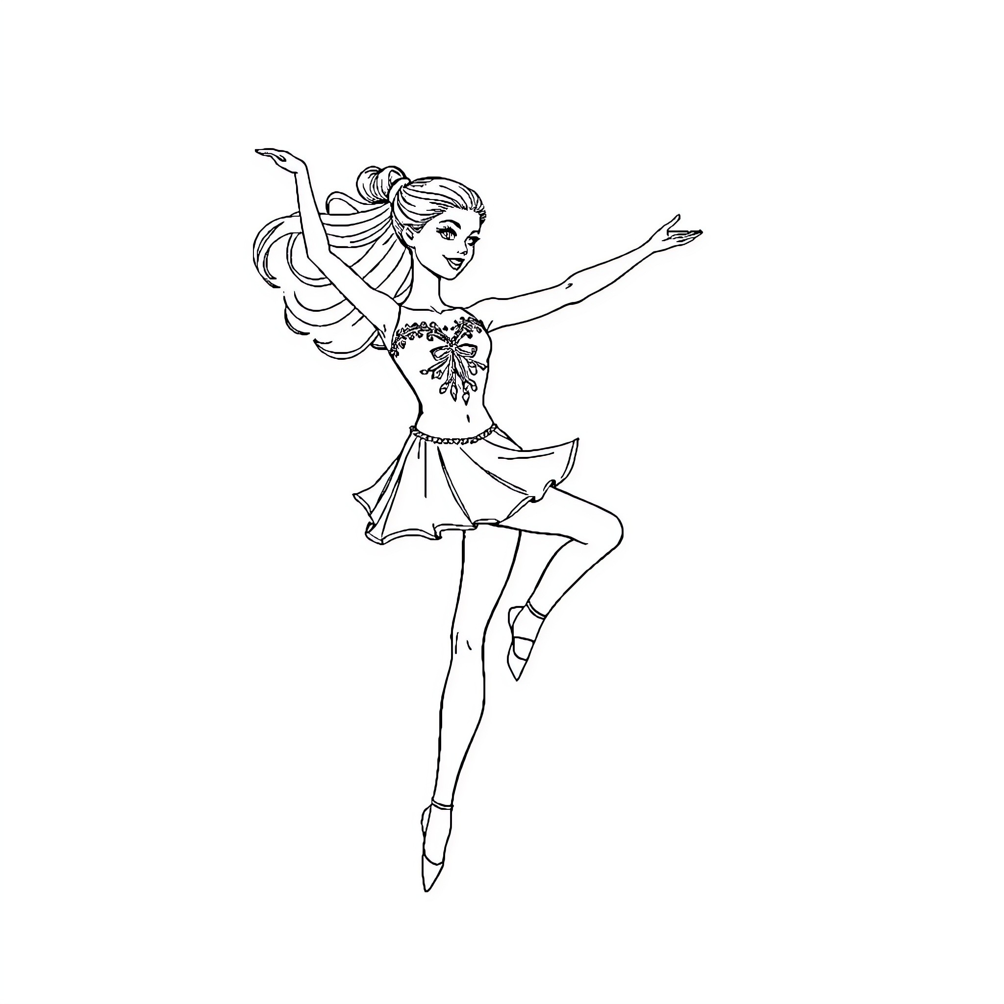 Barbie in Graceful Dance Pose Coloring Page (free black-and-white line drawing printable PDF for all, from beginners to advanced learners, including children, teens, adults, and seniors)