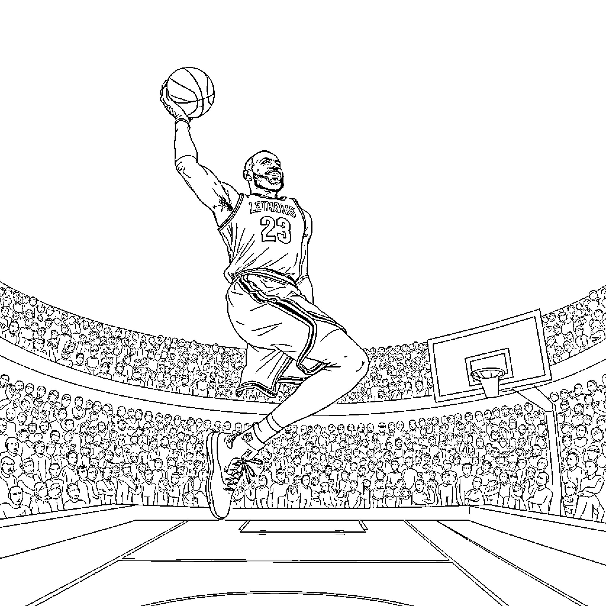 LeBron's Basketball Dunk in Arena Coloring Page (free black-and-white line drawing printable PDF for all, from beginners to advanced learners, including children, teens, adults, and seniors)