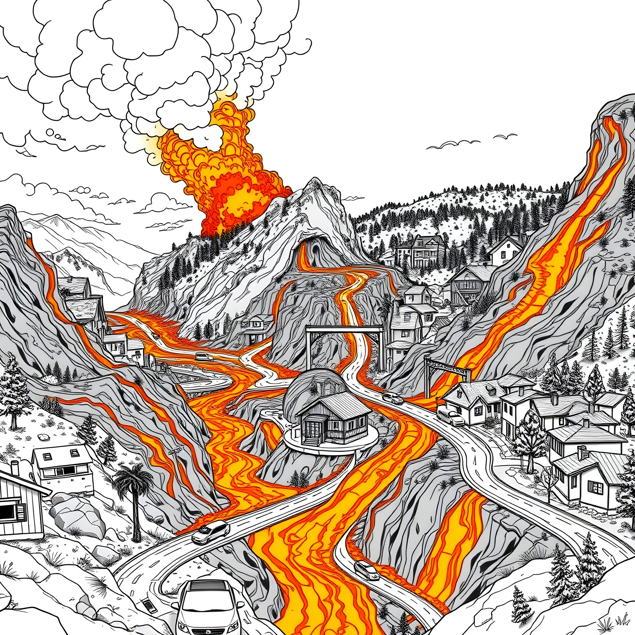 Volcano erupting in a mountain town Coloring Page (free black-and-white line drawing printable PDF for all, from beginners to advanced learners, including children, teens, adults, and seniors)
