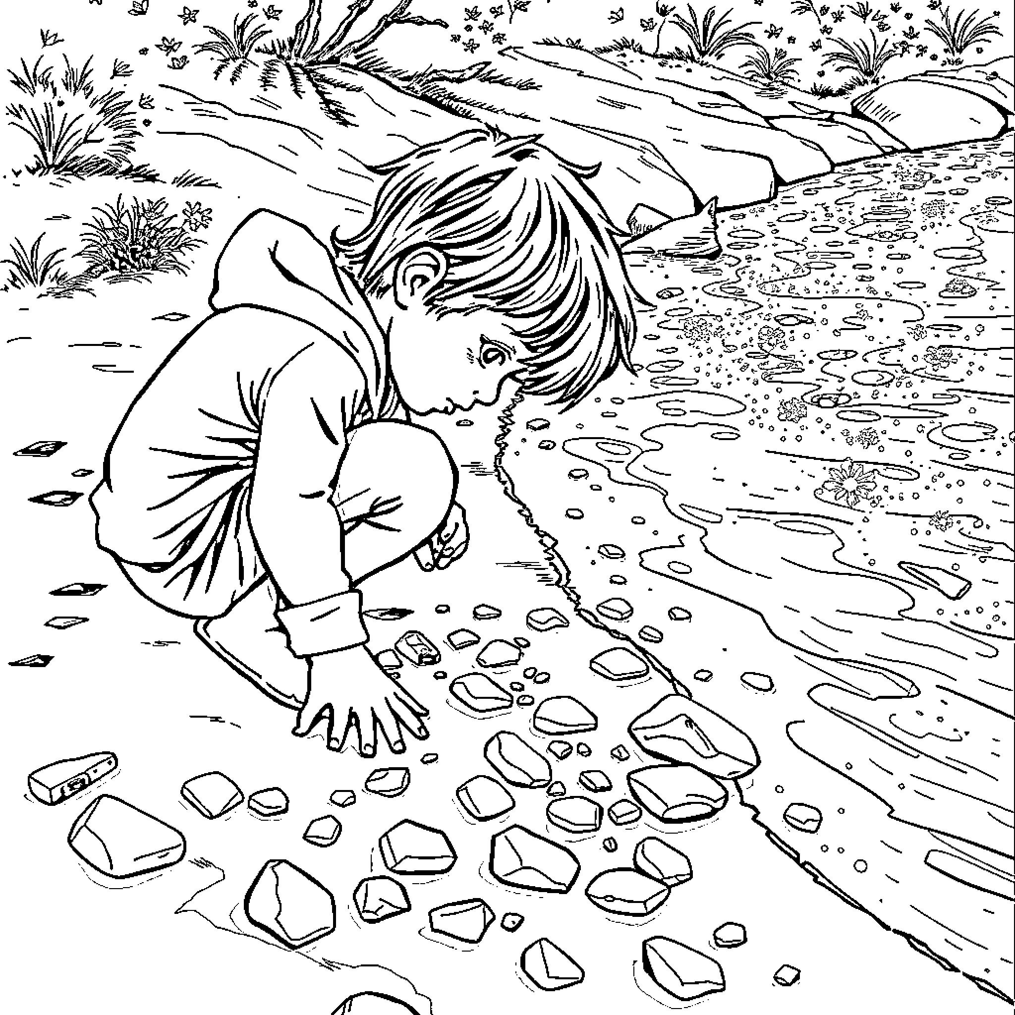 Child exploring nature by the riverbank Coloring Page (free black-and-white line drawing printable PDF for all, from beginners to advanced learners, including children, teens, adults, and seniors)
