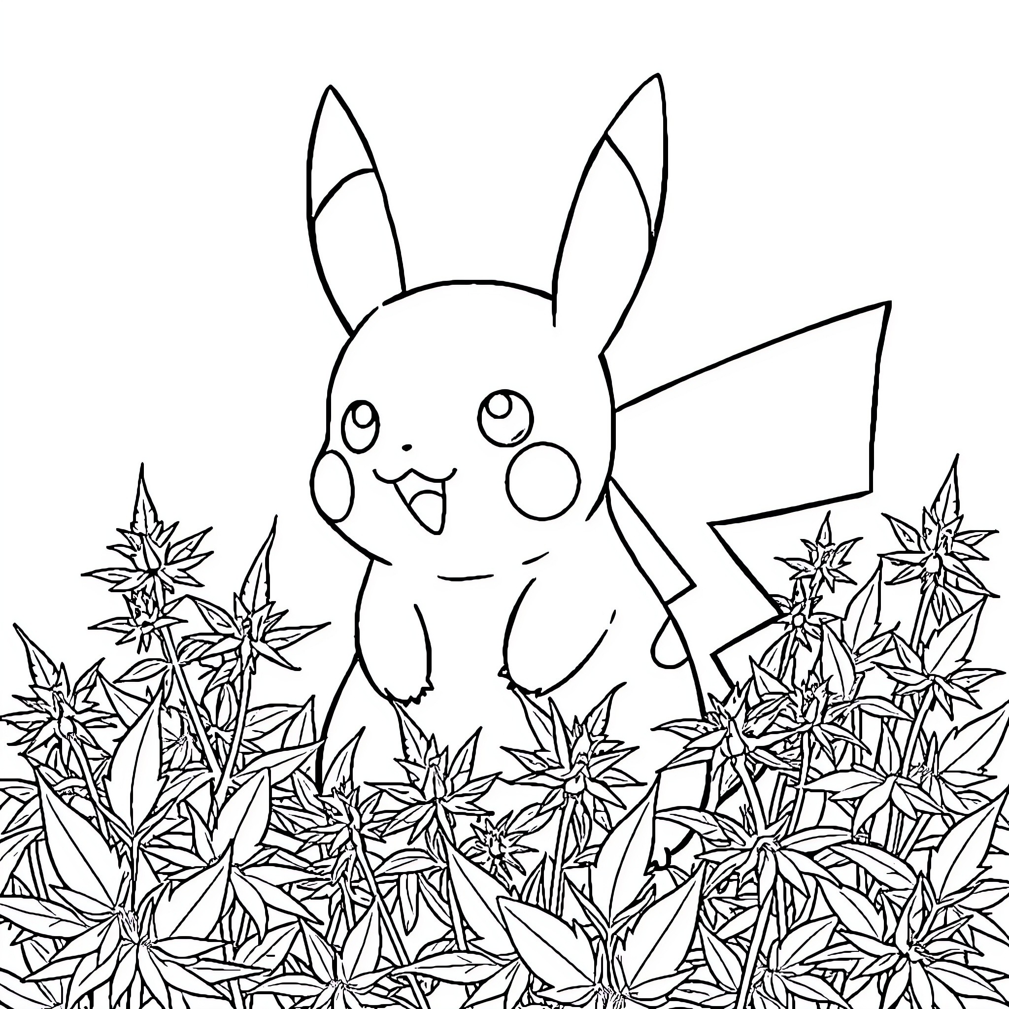 Pikachu playing joyfully in a lush botanical garden Coloring Page (free black-and-white line drawing printable PDF for all, from beginners to advanced learners, including children, teens, adults, and seniors)