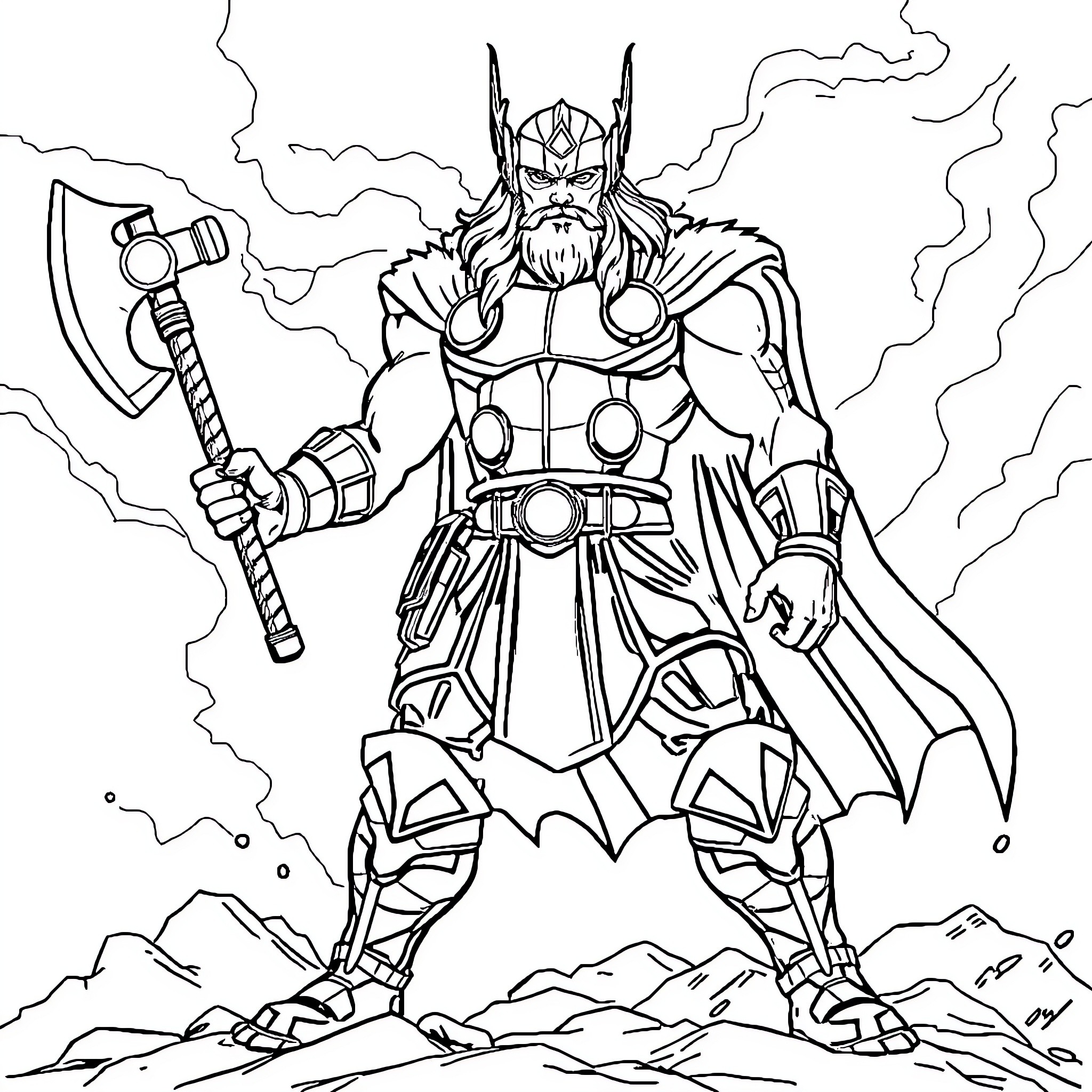 Thor wielding his mighty axe in a heroic battle stance Coloring Page (free black-and-white line drawing printable PDF for all, from beginners to advanced learners, including children, teens, adults, and seniors)