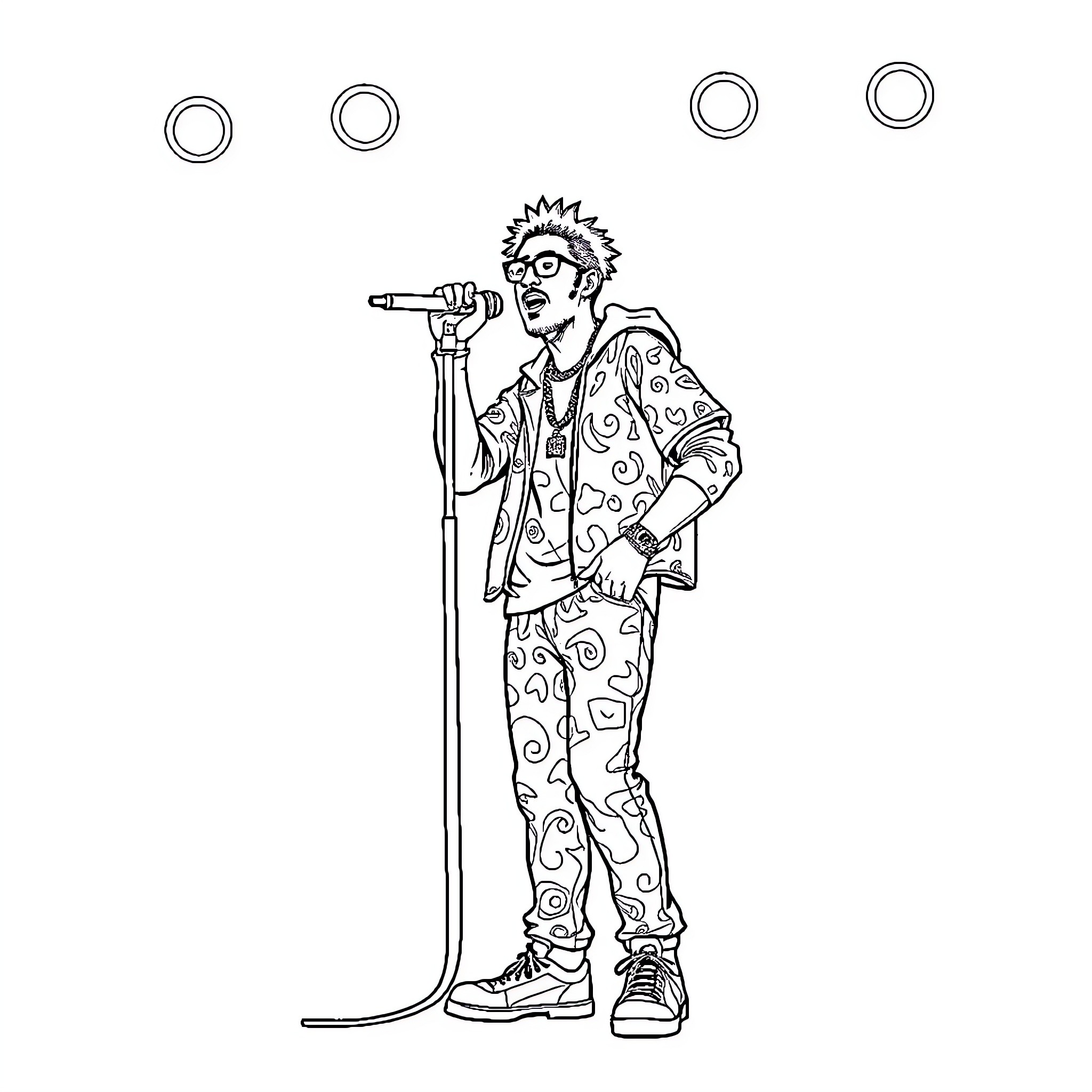 Tyler performing on stage with microphone Coloring Page (free black-and-white line drawing printable PDF for all, from beginners to advanced learners, including children, teens, adults, and seniors)