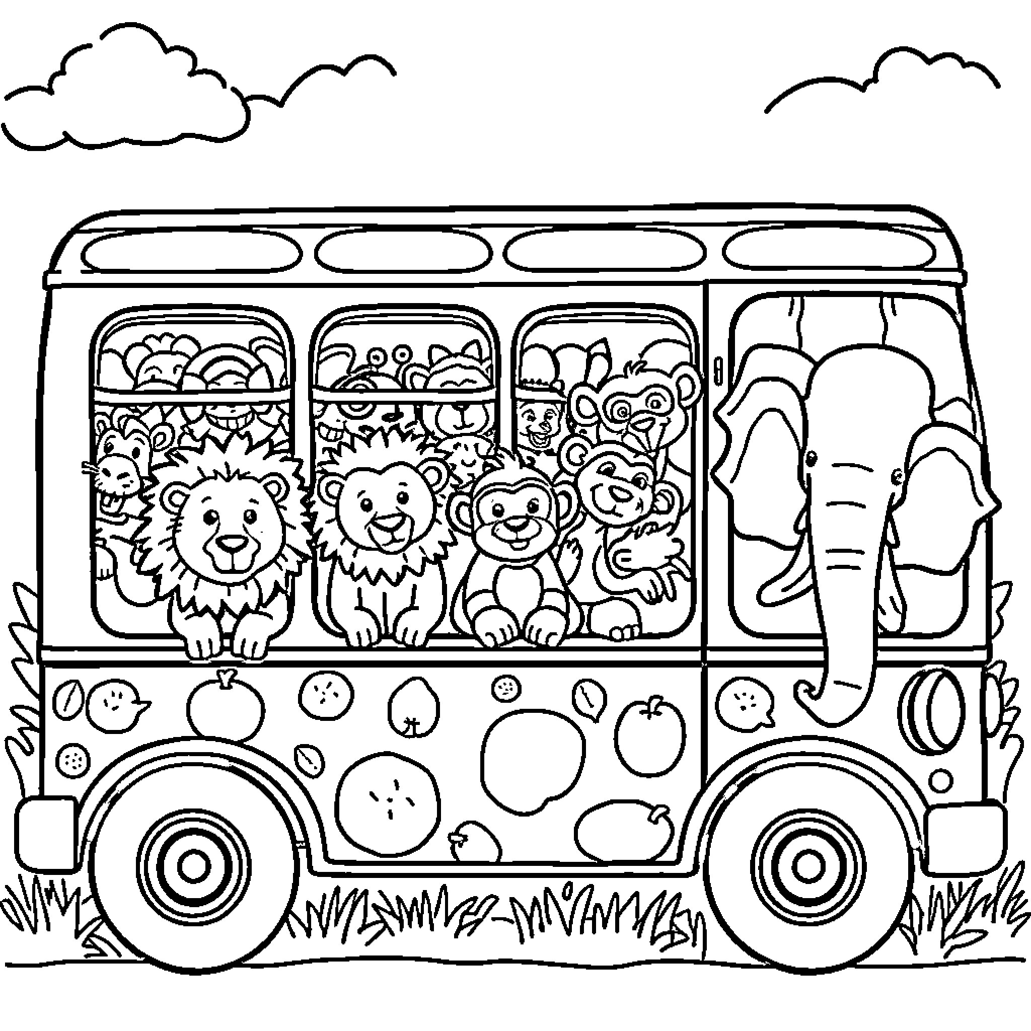 Bus full of playful animals on an adventure Coloring Page (free black-and-white line drawing printable PDF for all, from beginners to advanced learners, including children, teens, adults, and seniors)