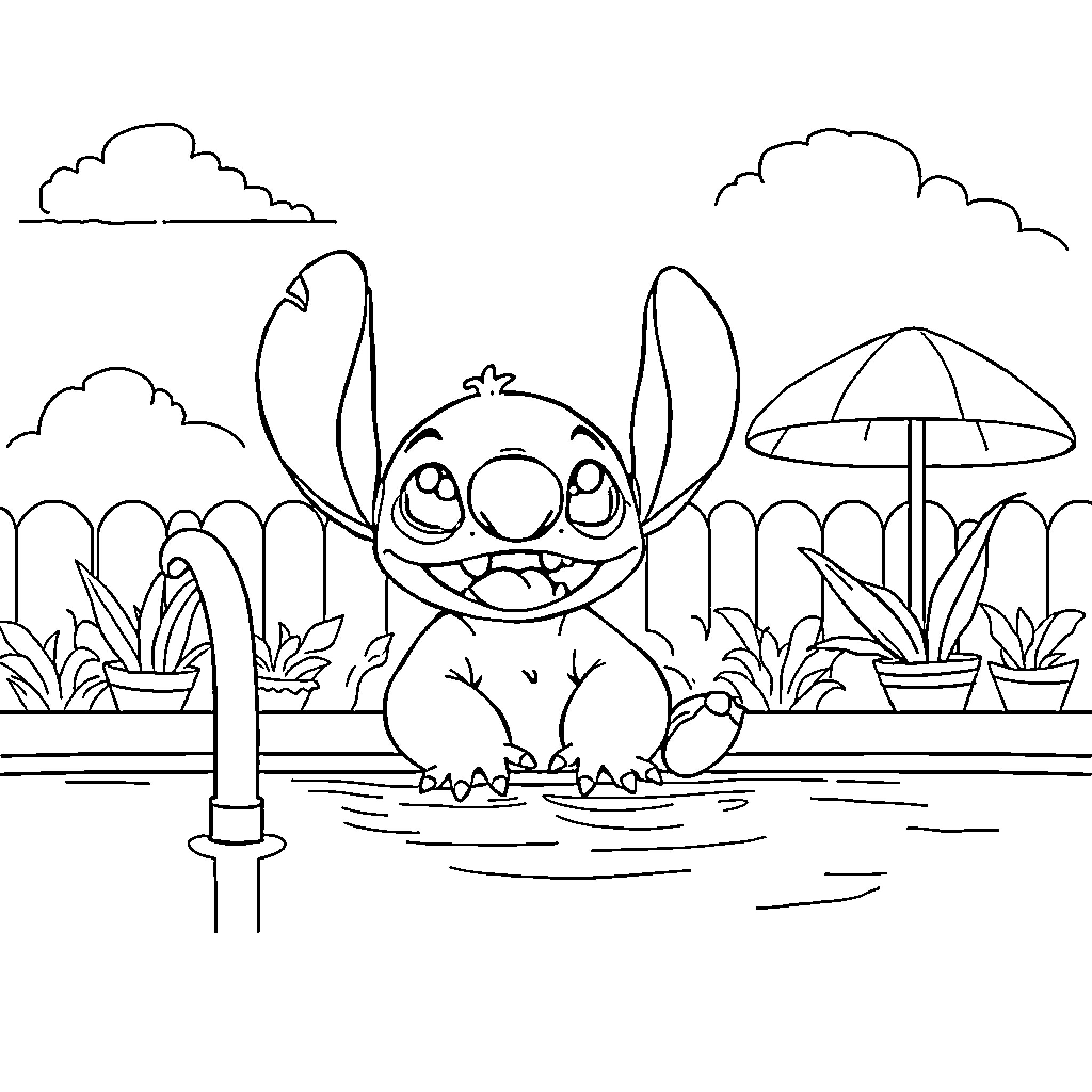 Stitch enjoying a day in the garden Coloring Page (free black-and-white line drawing printable PDF for all, from beginners to advanced learners, including children, teens, adults, and seniors)