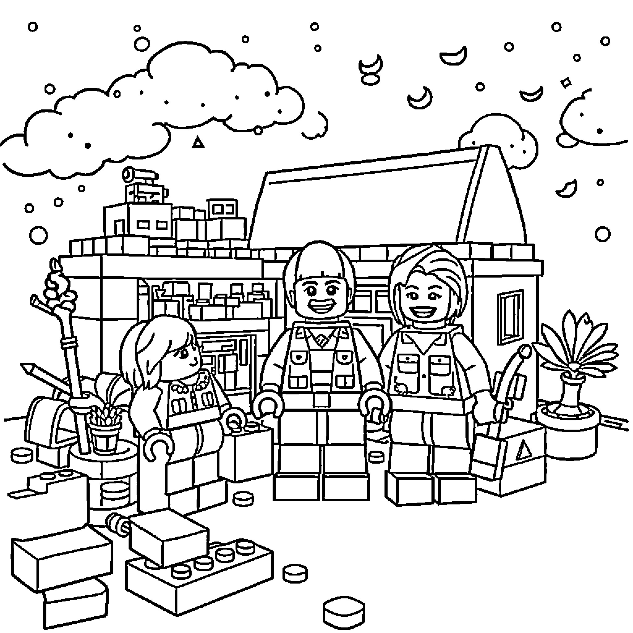 Lego people working in workshop with supplies Coloring Page (free black-and-white line drawing printable PDF for all, from beginners to advanced learners, including children, teens, adults, and seniors)