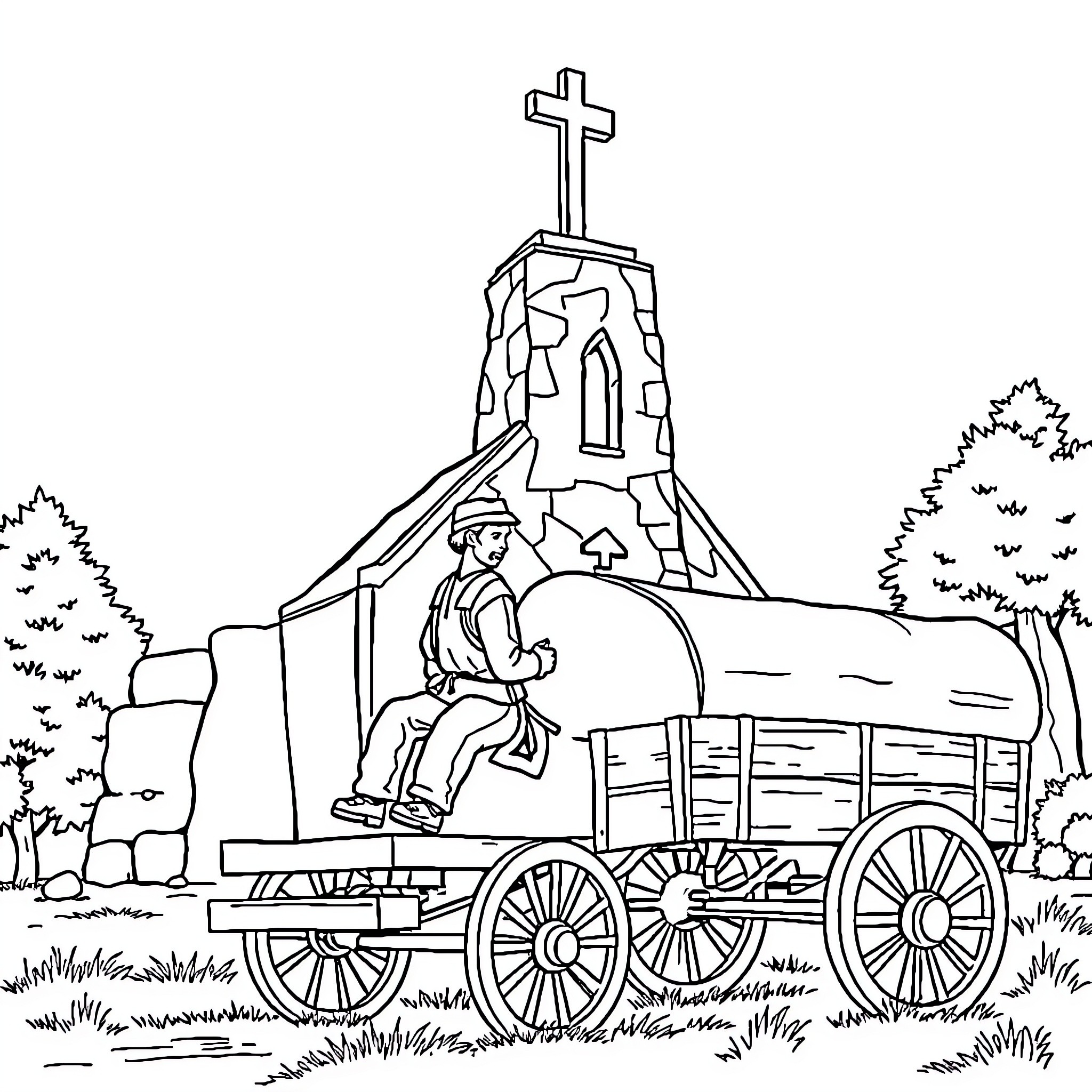 Wagon carrying traveler before church cross Coloring Page (free black-and-white line drawing printable PDF for all, from beginners to advanced learners, including children, teens, adults, and seniors)