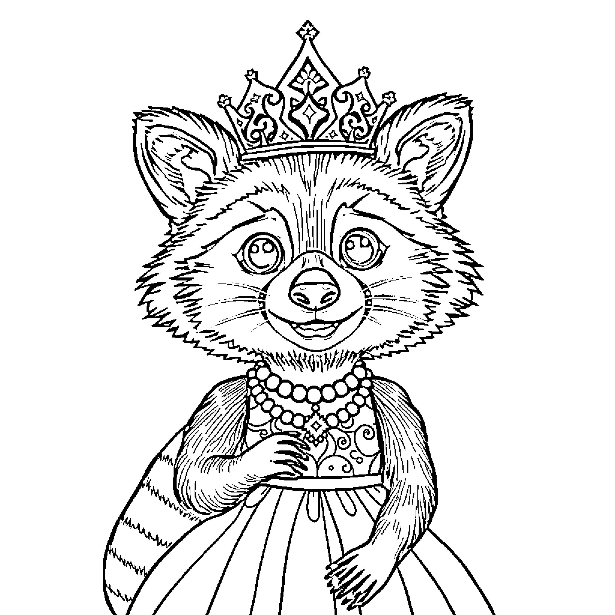 Raccoon adorned with crown and jewels Coloring Page (free black-and-white line drawing printable PDF for all, from beginners to advanced learners, including children, teens, adults, and seniors)