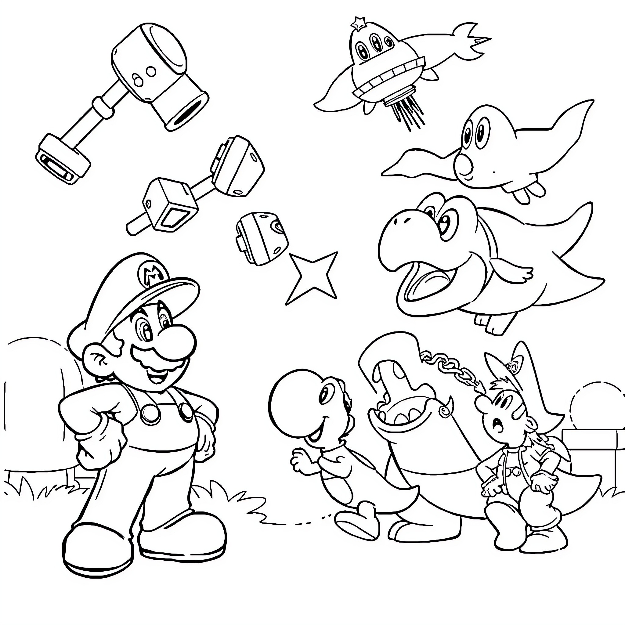 Super Mario and Friends in Playful Adventure Coloring Page (free black-and-white line drawing printable PDF for all, from beginners to advanced learners, including children, teens, adults, and seniors)