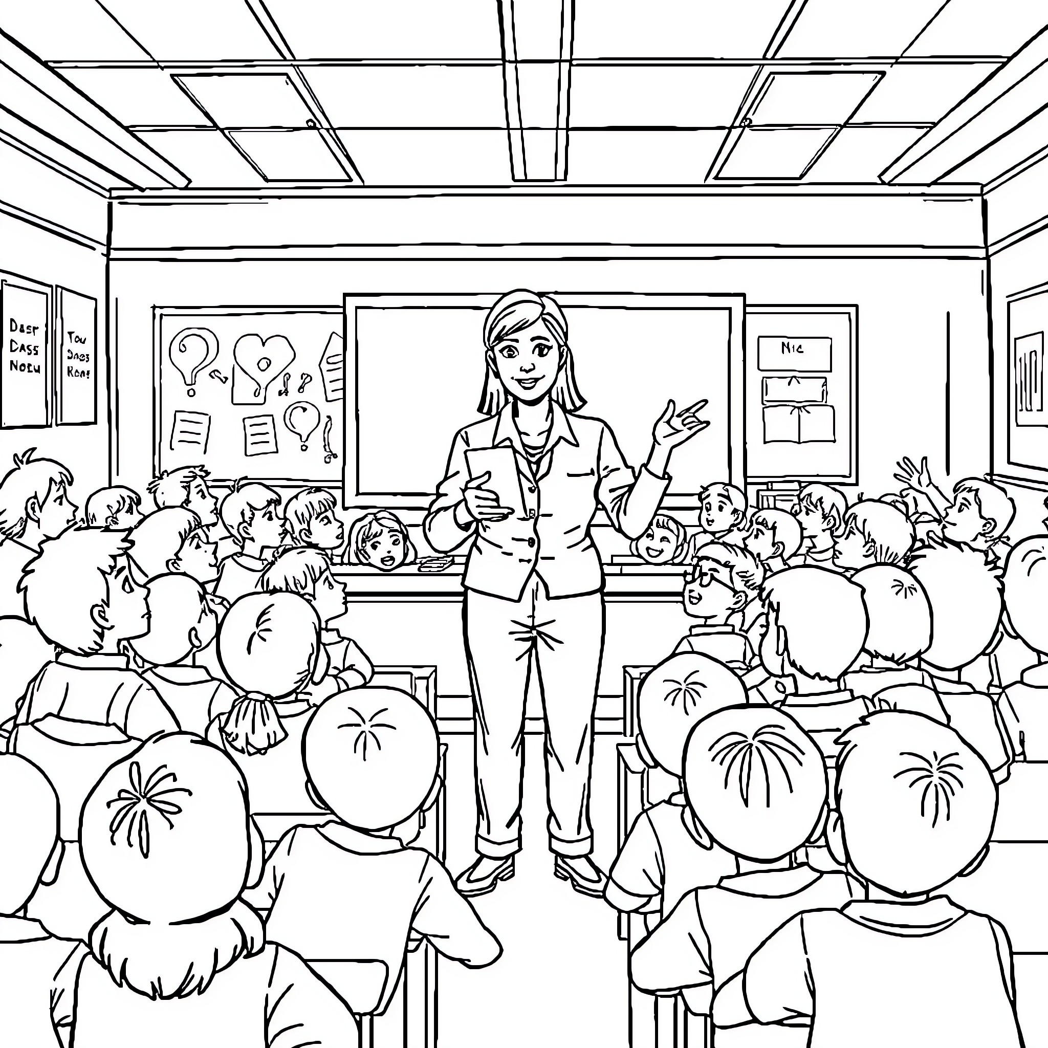 Teacher Engaging with Students in Classroom Coloring Page (free black-and-white line drawing printable PDF for all, from beginners to advanced learners, including children, teens, adults, and seniors)