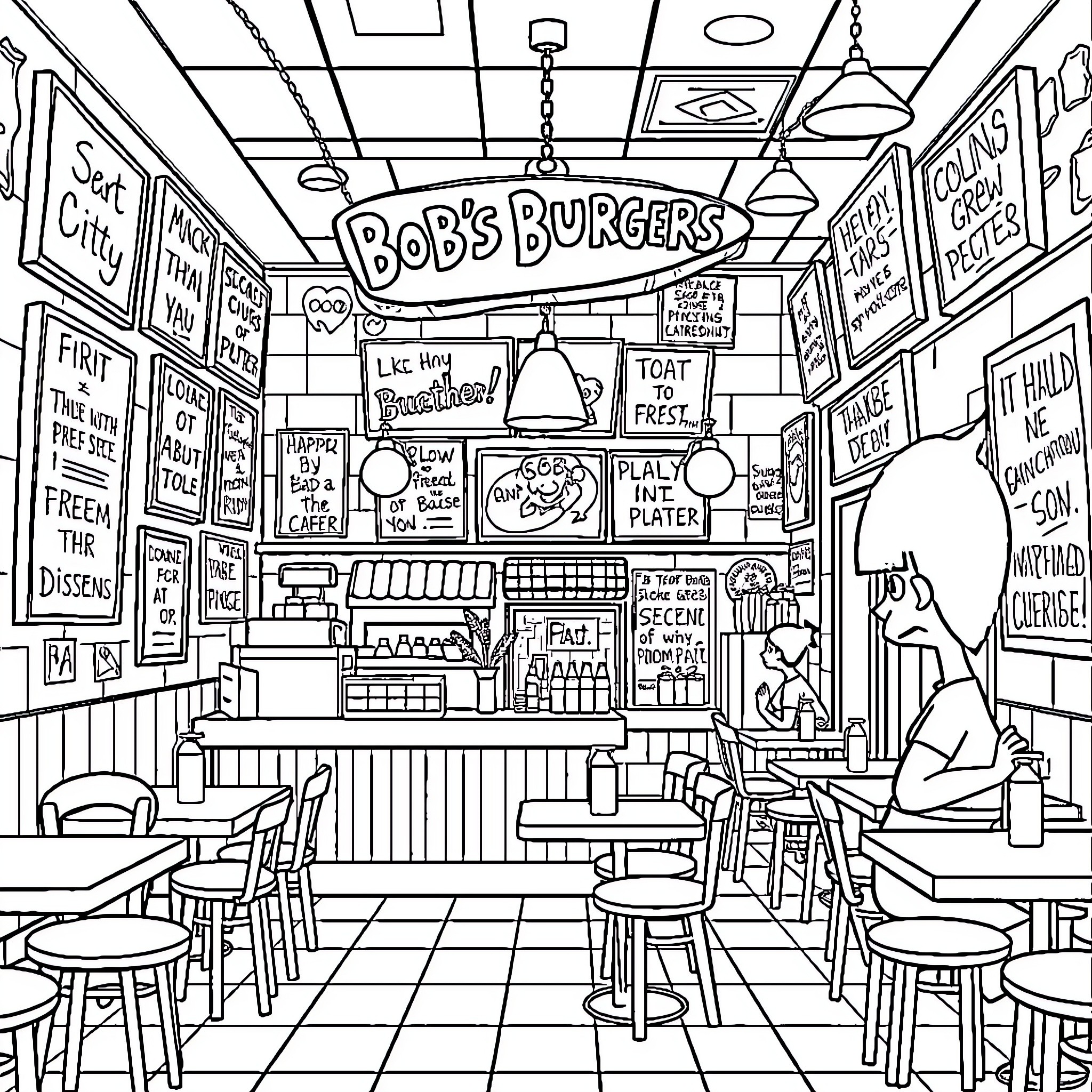 Bob's Burgers: Vibrant Diner Scene with Quirky Characters Coloring Page (free black-and-white line drawing printable PDF for all, from beginners to advanced learners, including children, teens, adults, and seniors)