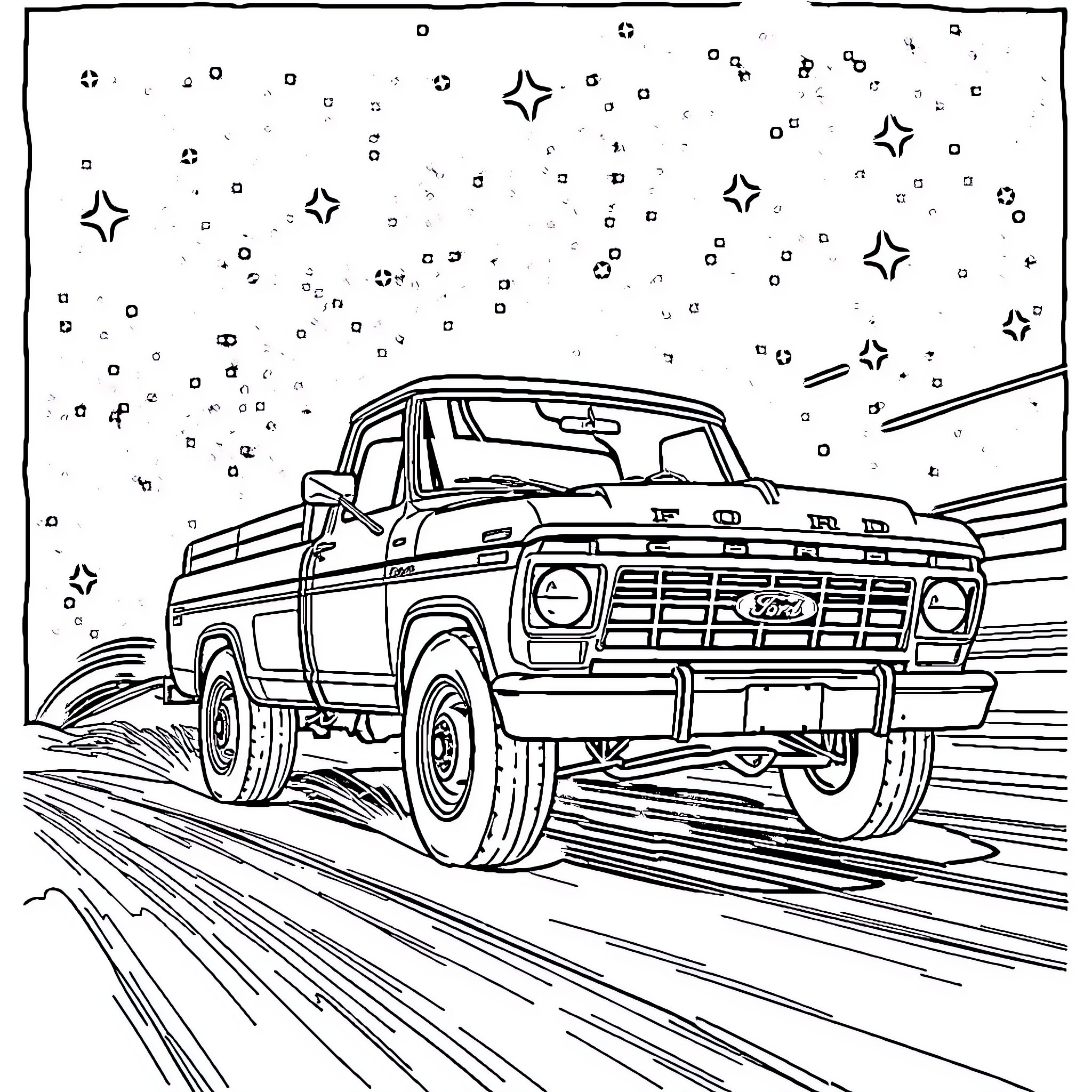 Ford Truck driving on a road at night Coloring Page (free black-and-white line drawing printable PDF for all, from beginners to advanced learners, including children, teens, adults, and seniors)