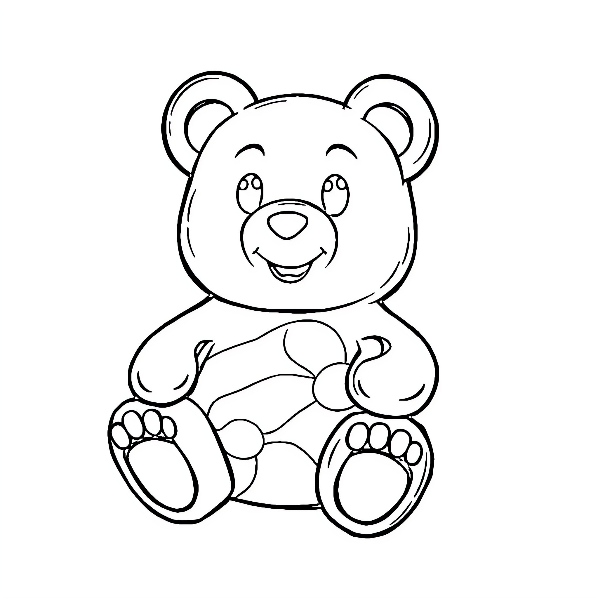 Gummie Bear sitting happily Coloring Page (free black-and-white line drawing printable PDF for all, from beginners to advanced learners, including children, teens, adults, and seniors)