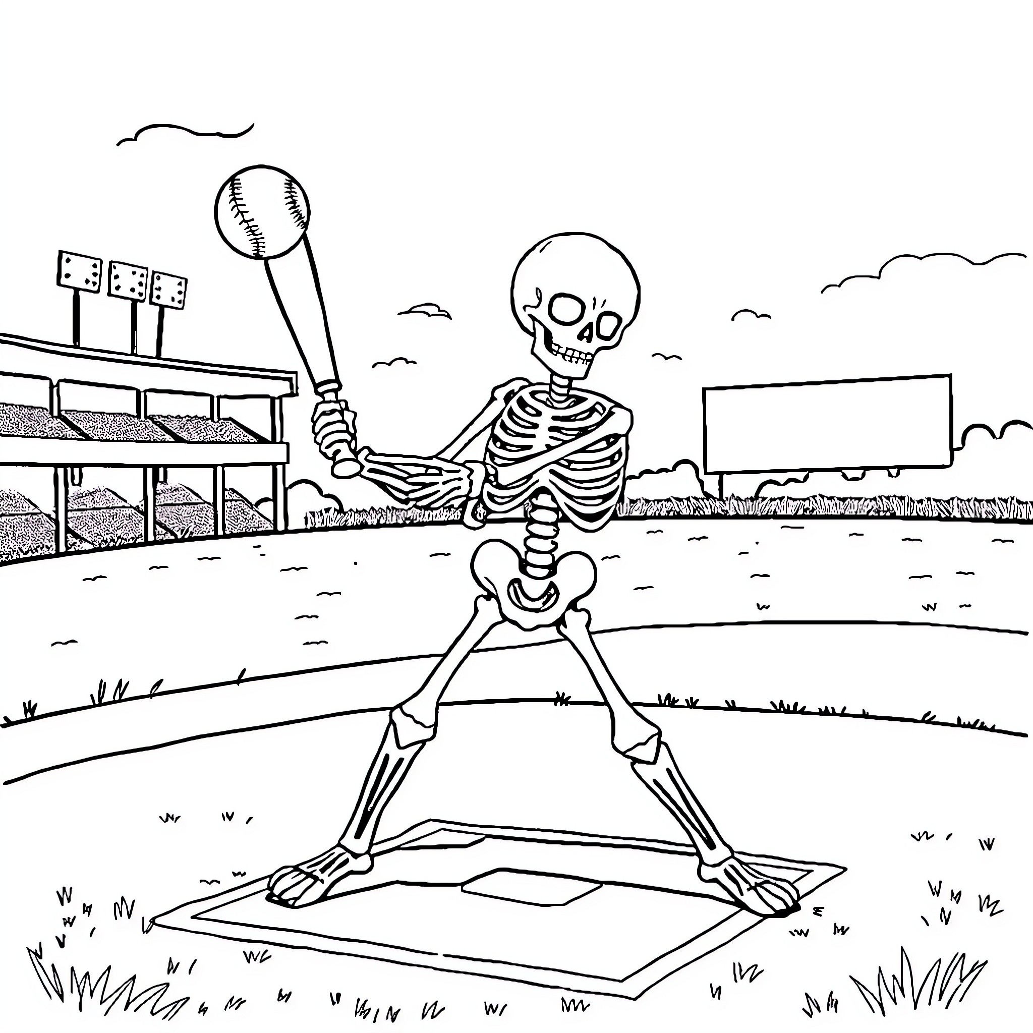 Skeleton baseball player on the field Coloring Page (free black-and-white line drawing printable PDF for all, from beginners to advanced learners, including children, teens, adults, and seniors)