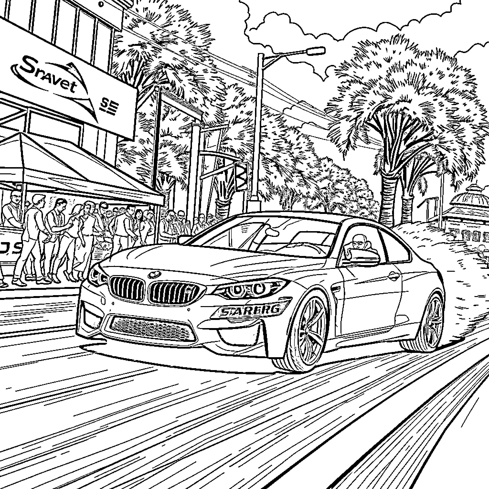 BMW M4 driving through a busy tropical street scene Coloring Page (free black-and-white line drawing printable PDF for all, from beginners to advanced learners, including children, teens, adults, and seniors)