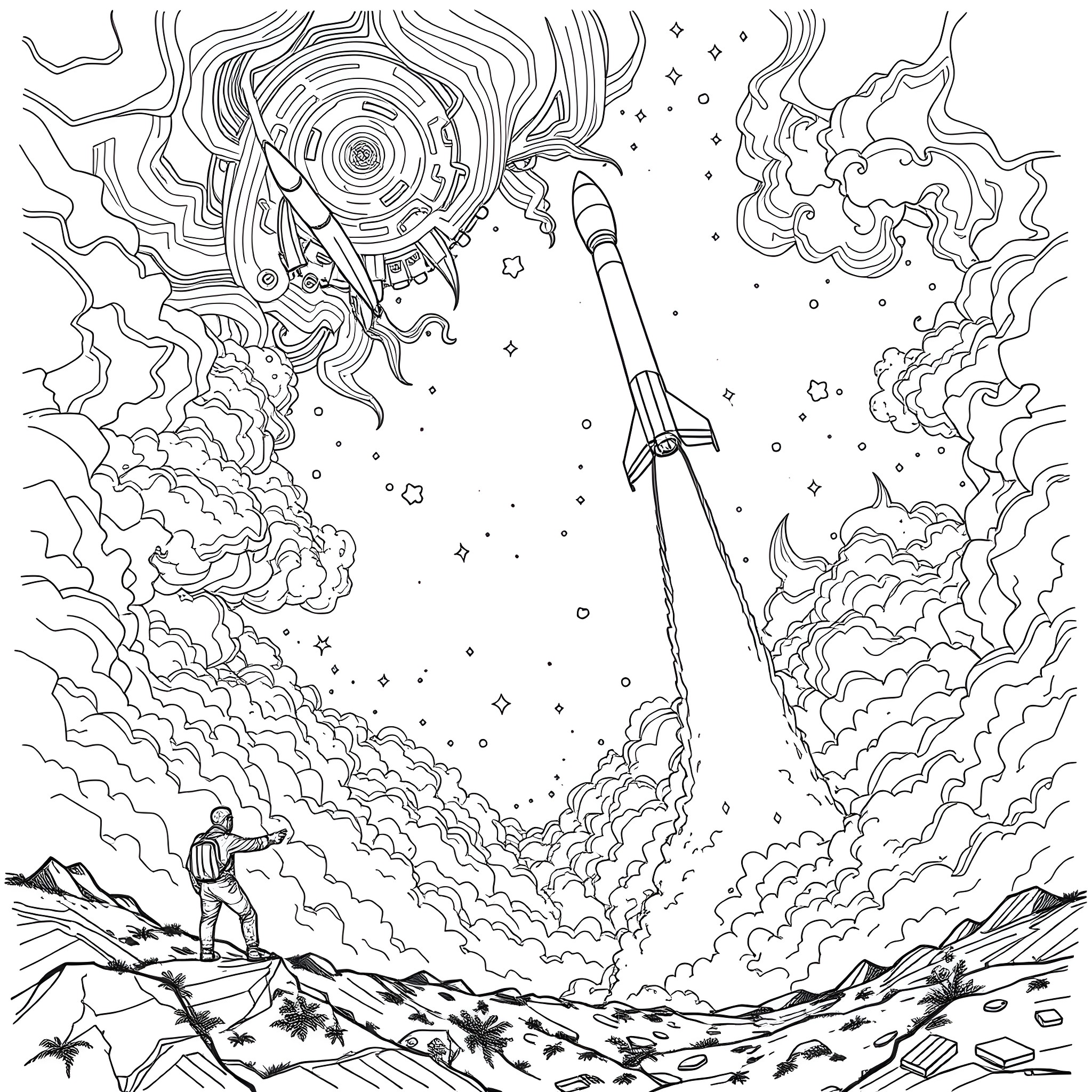 Starship launching into a cosmic storm Coloring Page (free black-and-white line drawing printable PDF for all, from beginners to advanced learners, including children, teens, adults, and seniors)