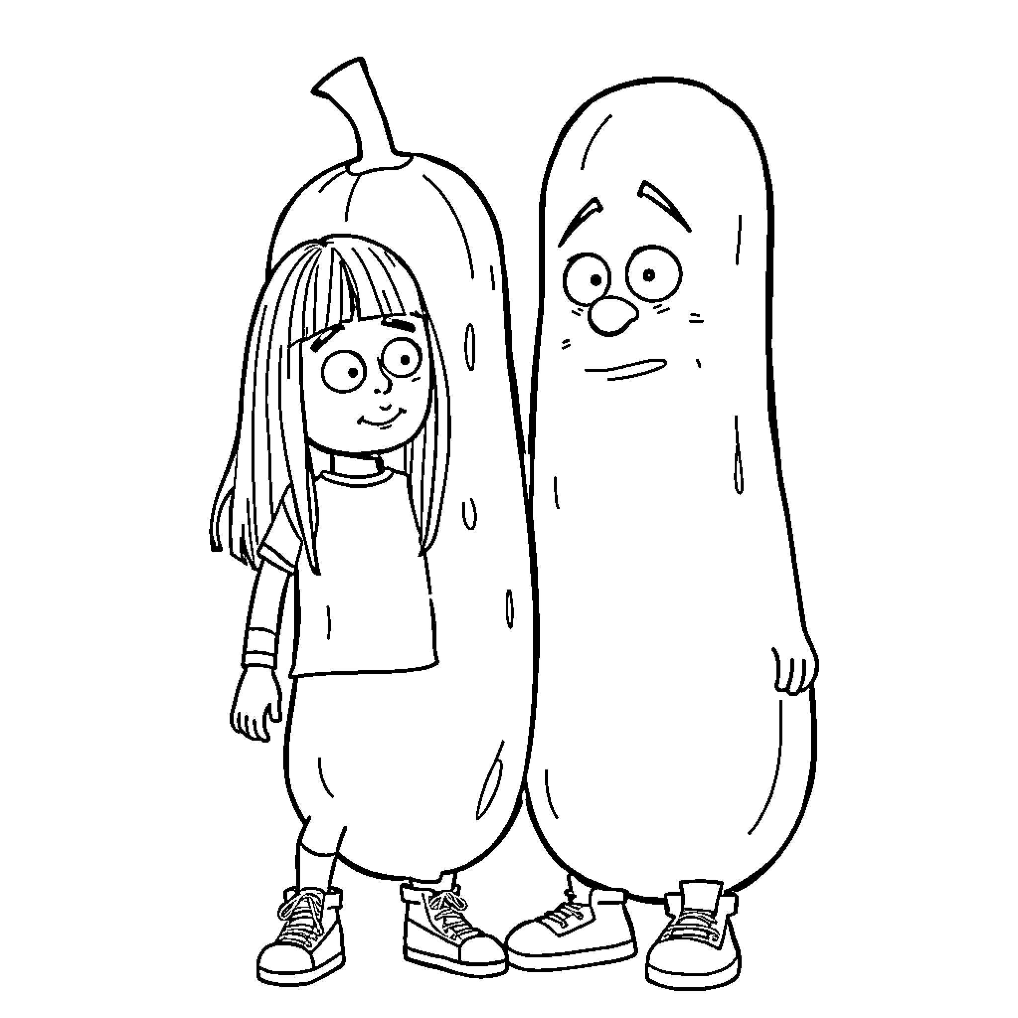 Billie Eilish and Friend in Playful Cartoon Style Coloring Page (free black-and-white line drawing printable PDF for all, from beginners to advanced learners, including children, teens, adults, and seniors)