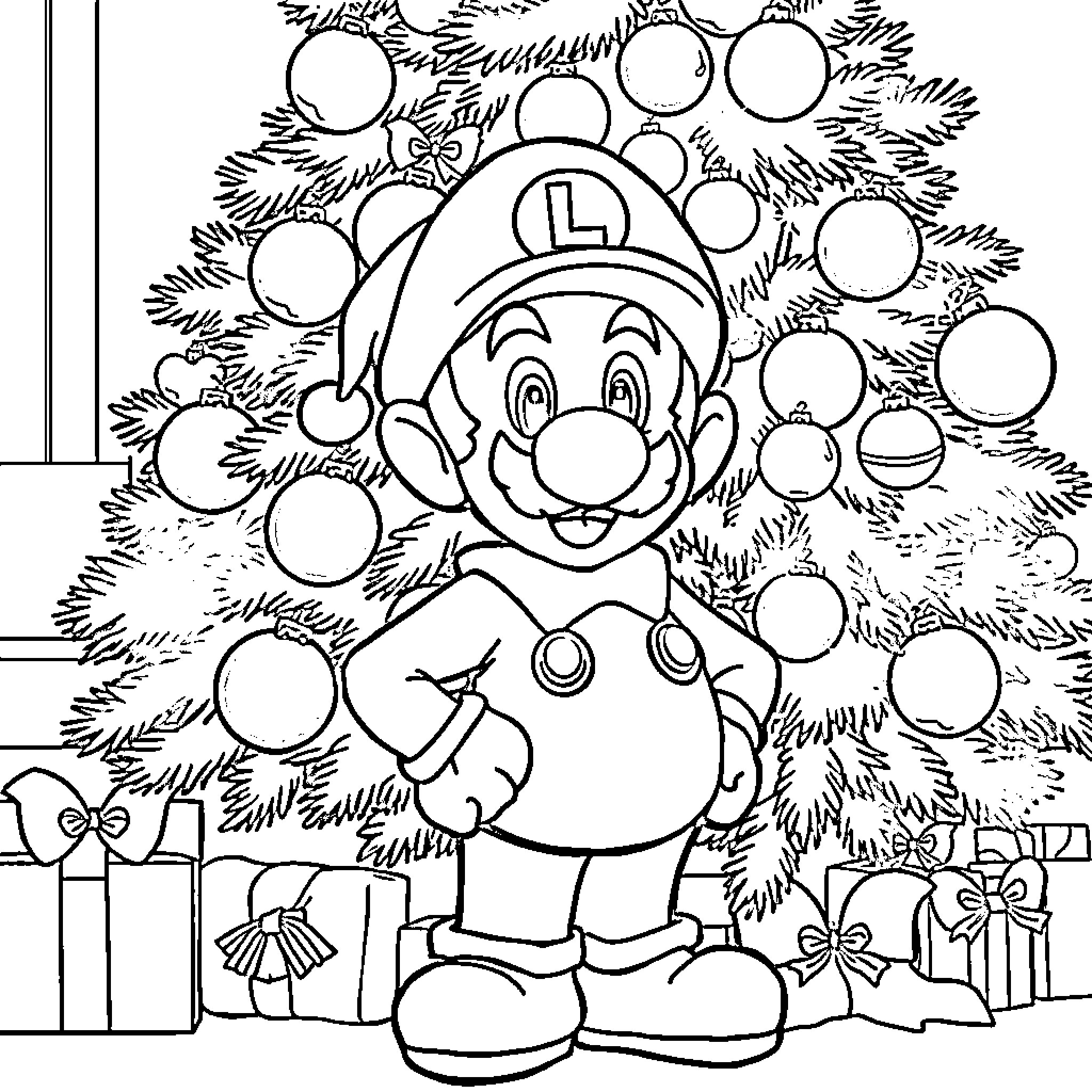 Luigi's Christmas Joy Coloring Page (free black-and-white line drawing printable PDF for all, from beginners to advanced learners, including children, teens, adults, and seniors)