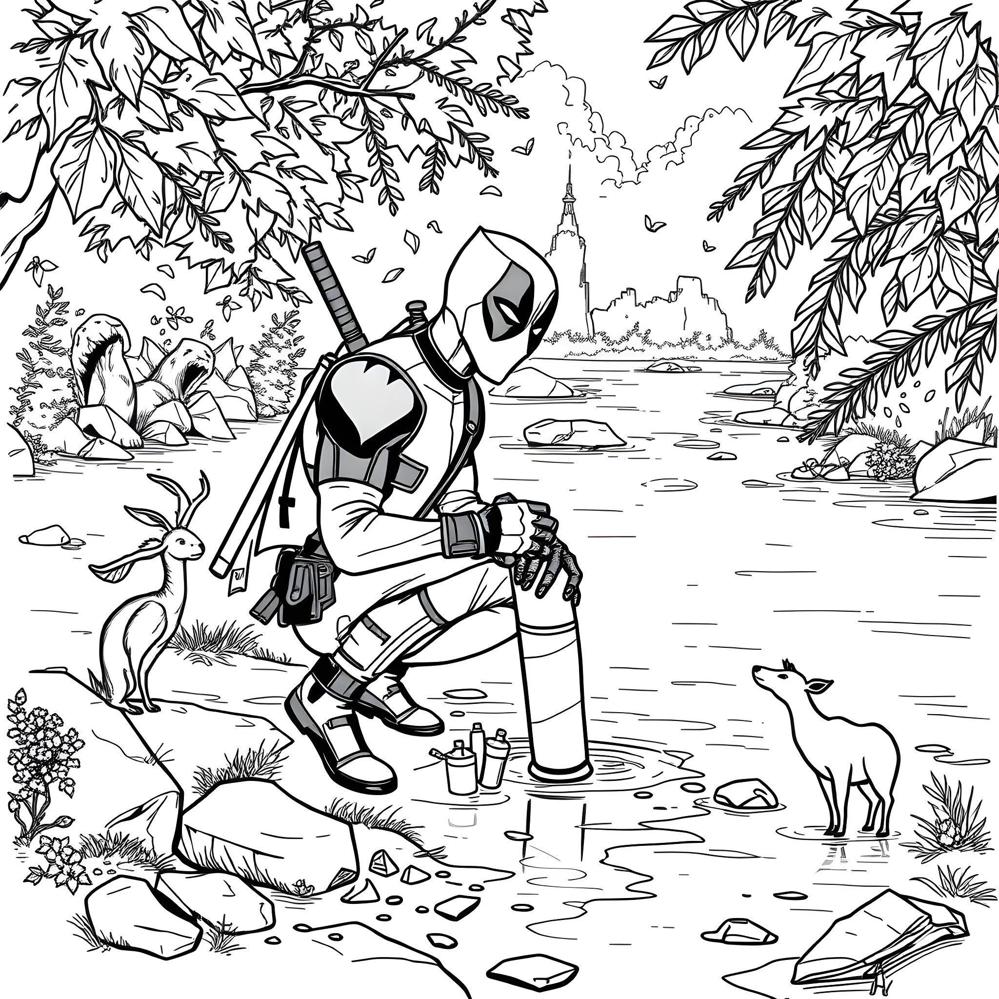 Deadpool's Tranquil Woodland Adventure Coloring Page (free black-and-white line drawing printable PDF for all, from beginners to advanced learners, including children, teens, adults, and seniors)