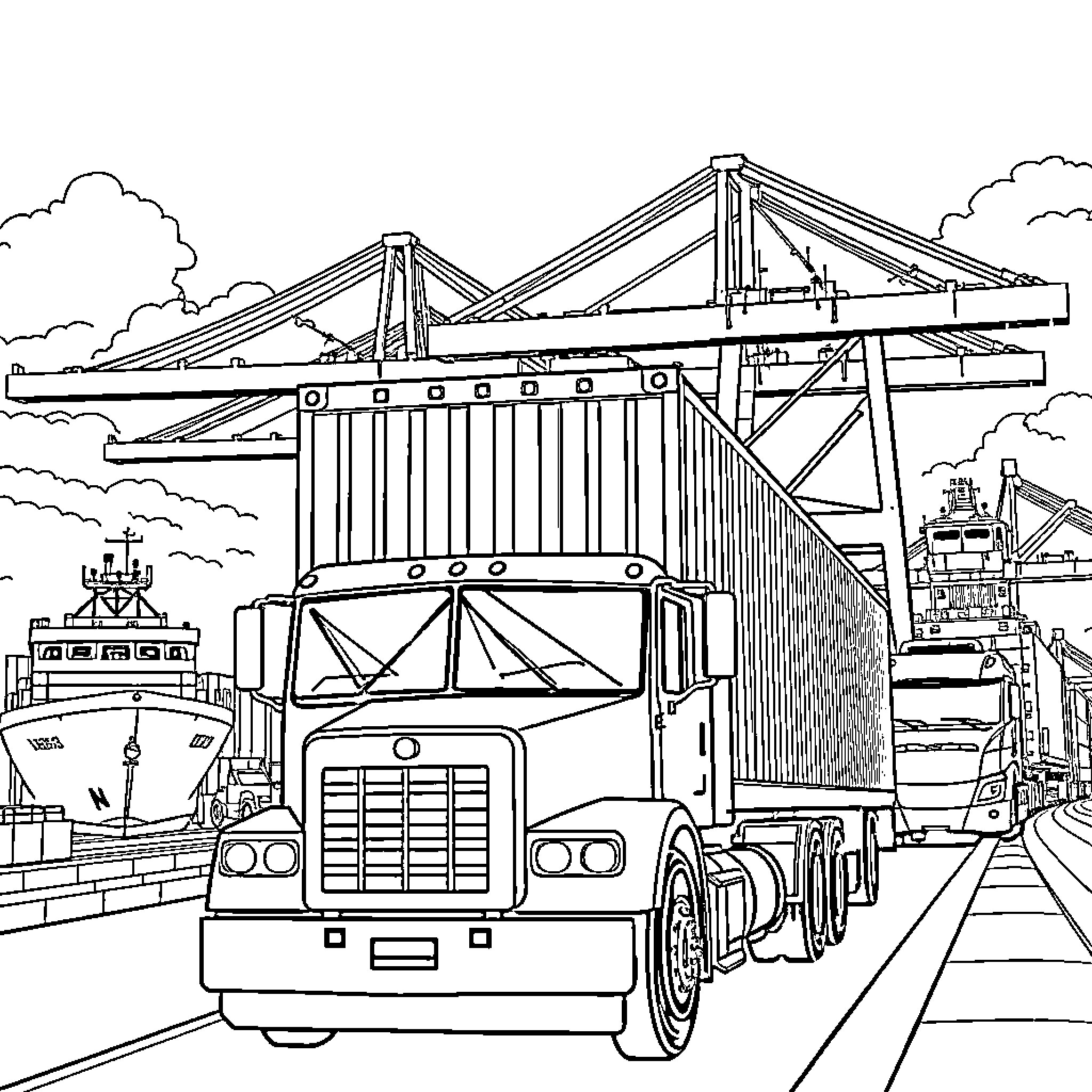 Truck transporting cargo at the port docks Coloring Page (free black-and-white line drawing printable PDF for all, from beginners to advanced learners, including children, teens, adults, and seniors)