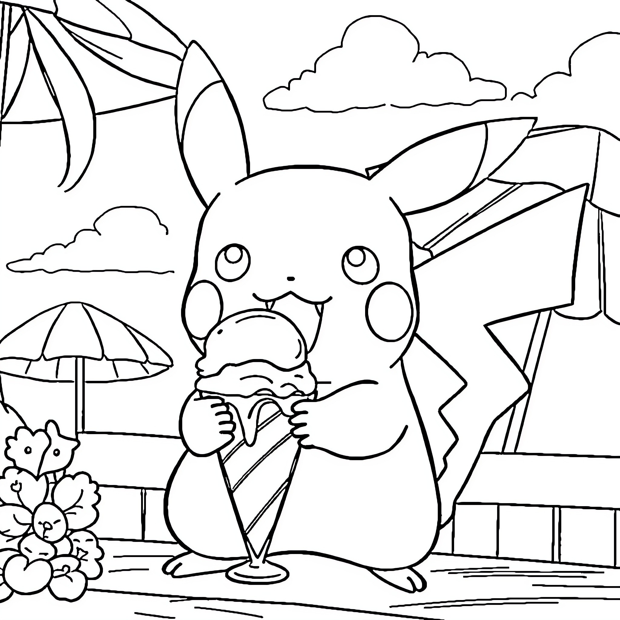 Pikachu enjoying a summer day Coloring Page (free black-and-white line drawing printable PDF for all, from beginners to advanced learners, including children, teens, adults, and seniors)