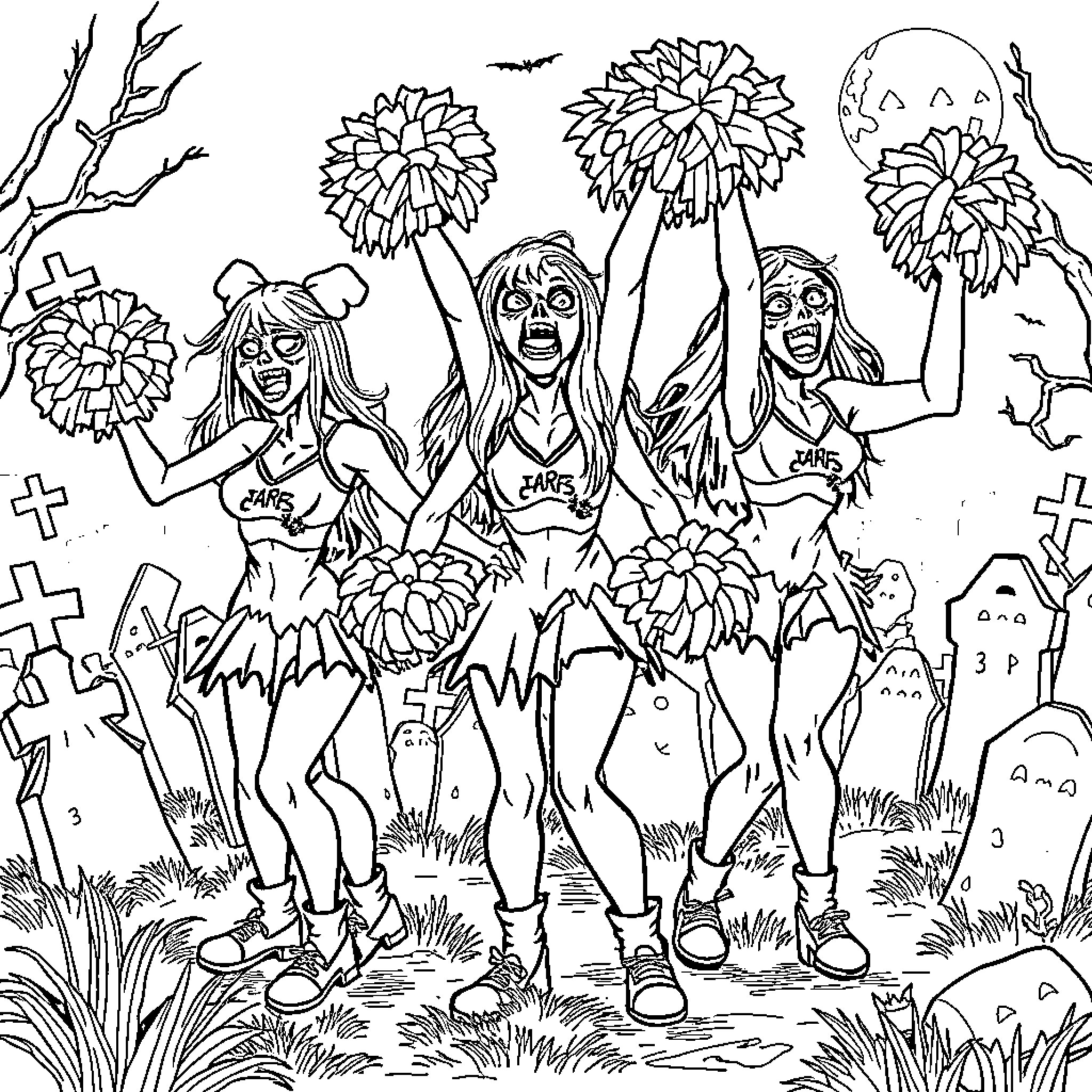 Zombie Cheerleaders Celebrating in a Graveyard Coloring Page (free black-and-white line drawing printable PDF for all, from beginners to advanced learners, including children, teens, adults, and seniors)