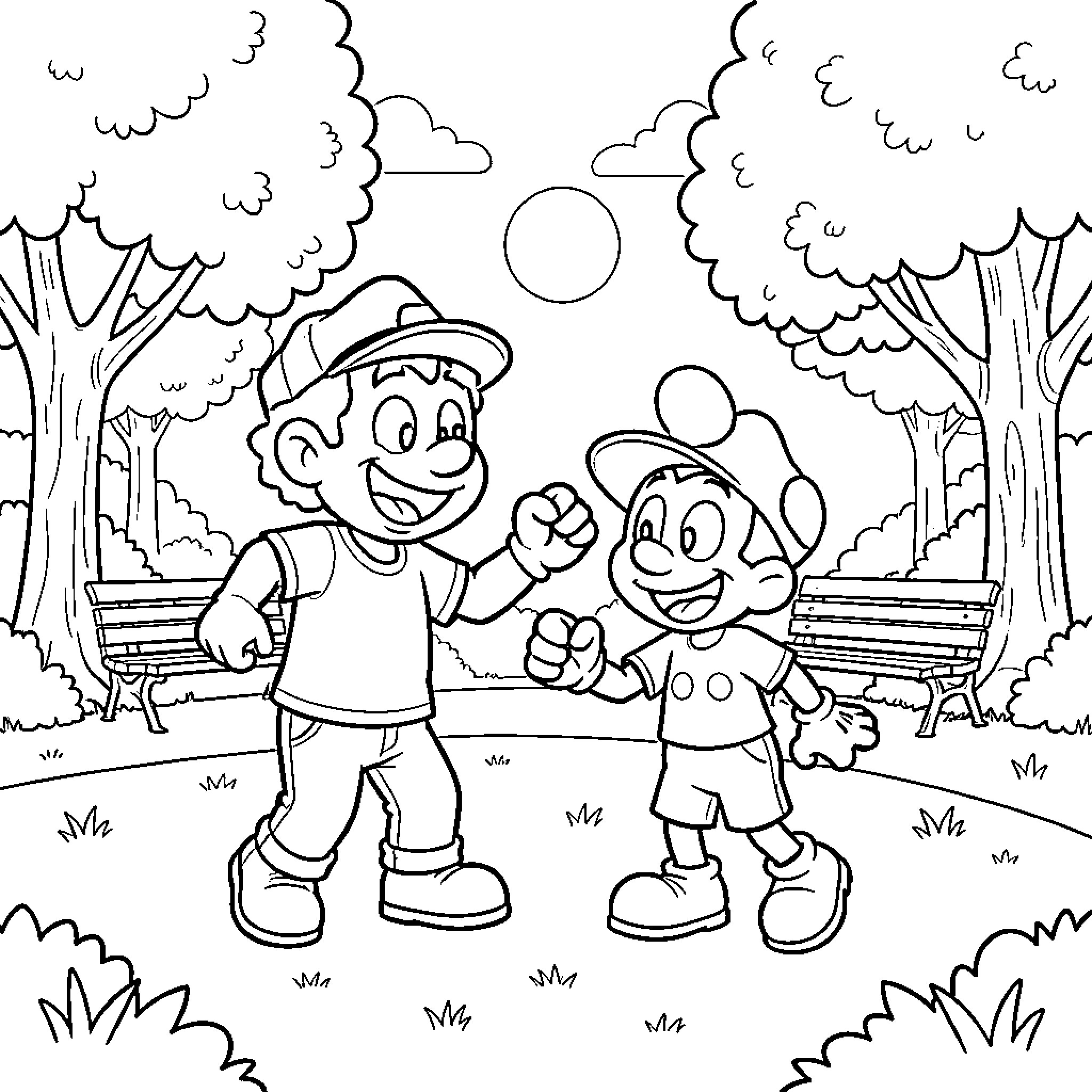 Homero and his friend explore the colorful park Coloring Page (free black-and-white line drawing printable PDF for all, from beginners to advanced learners, including children, teens, adults, and seniors)