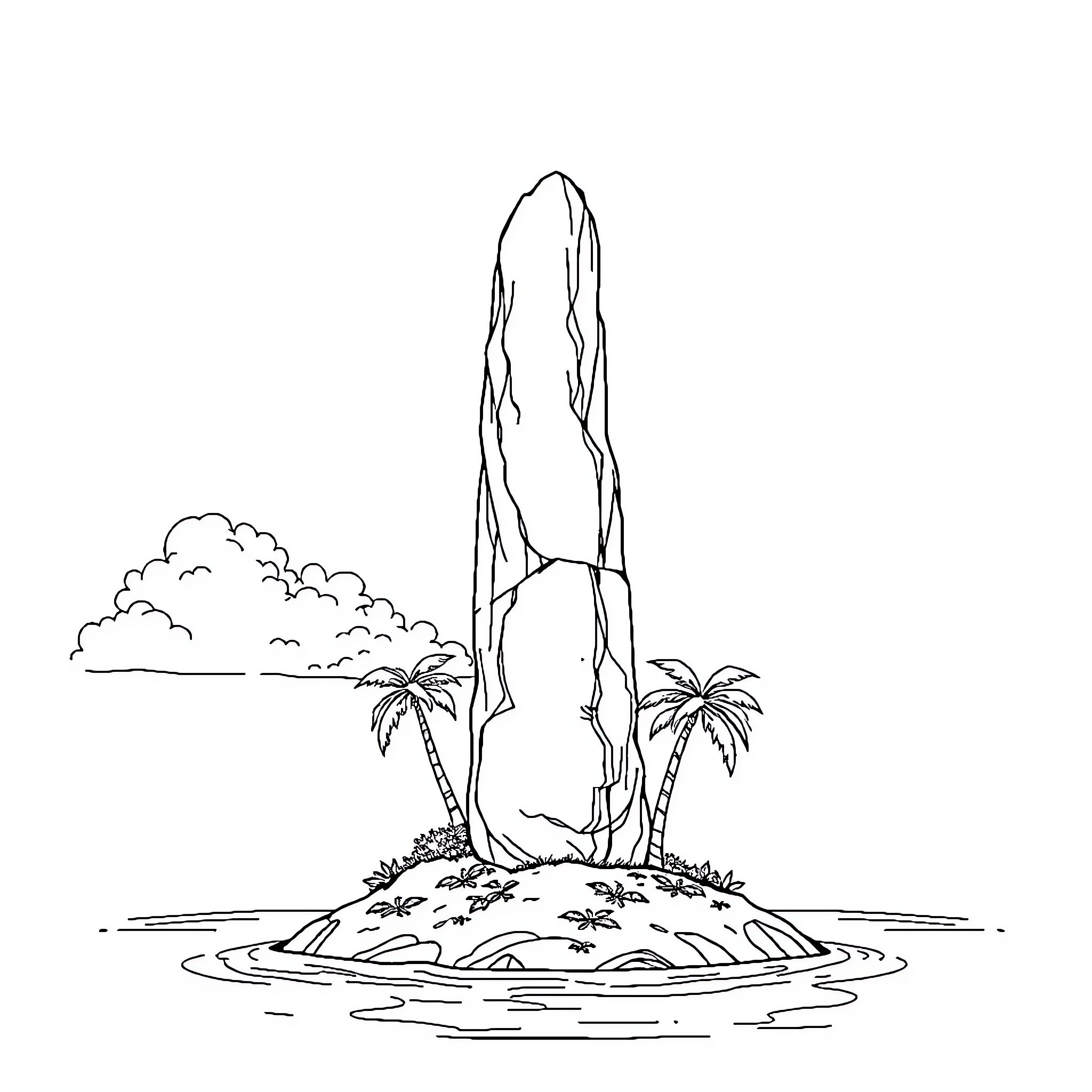 Latte Stone with Tropical Landscape Coloring Page (free black-and-white line drawing printable PDF for all, from beginners to advanced learners, including children, teens, adults, and seniors)