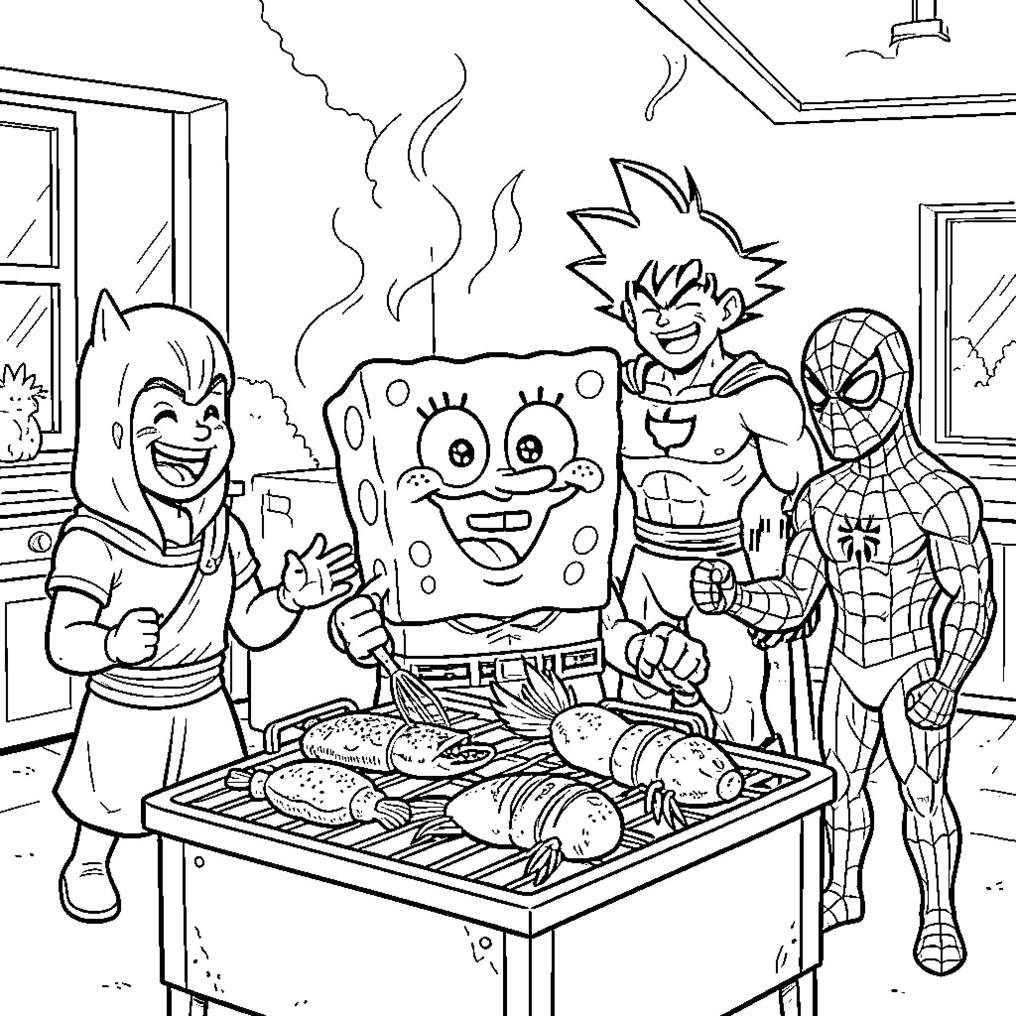 Spongebob and friends cooking in the kitchen Coloring Page (free black-and-white line drawing printable PDF for all, from beginners to advanced learners, including children, teens, adults, and seniors)