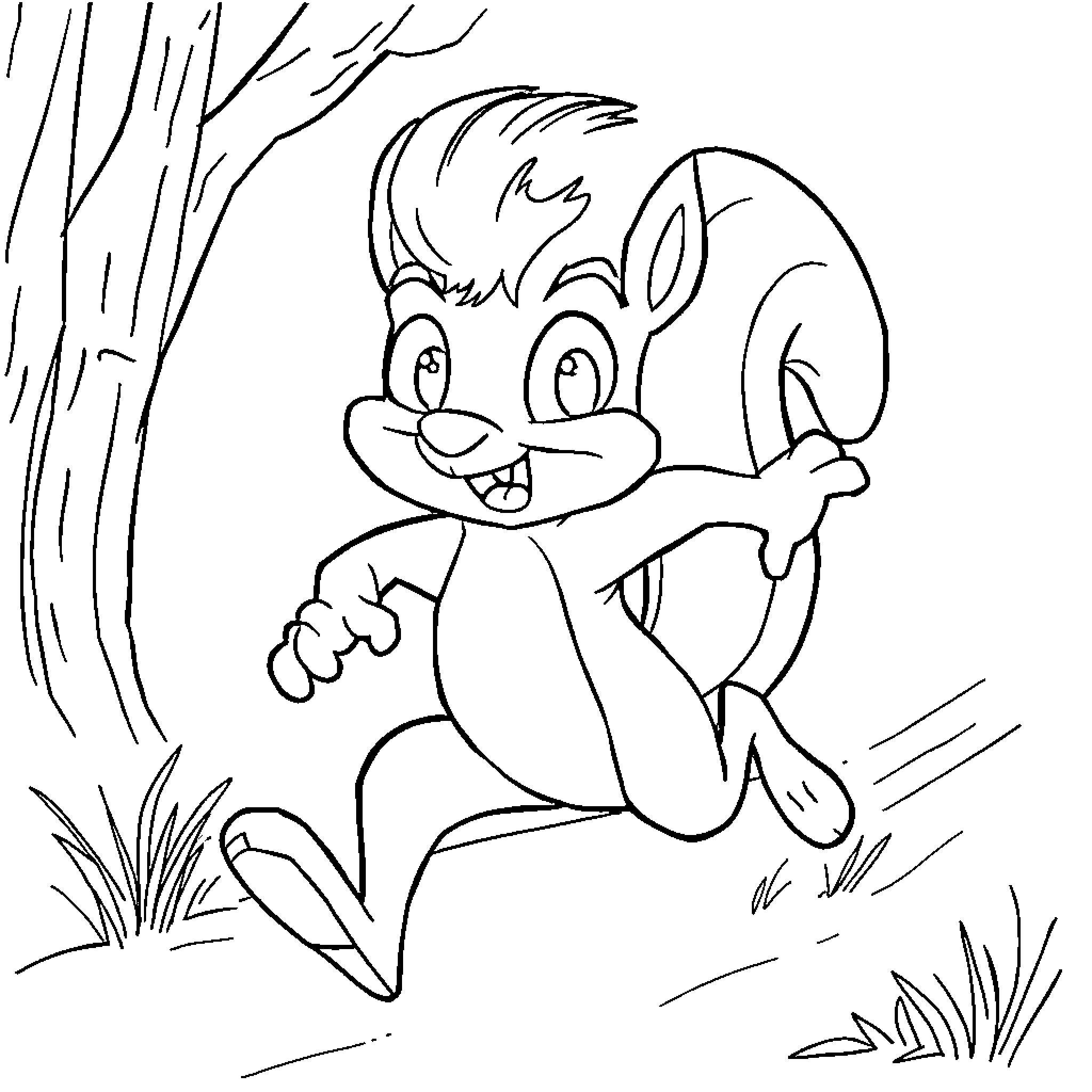 Squirrelly Dan chases after a playful critter in the woods Coloring Page (free black-and-white line drawing printable PDF for all, from beginners to advanced learners, including children, teens, adults, and seniors)