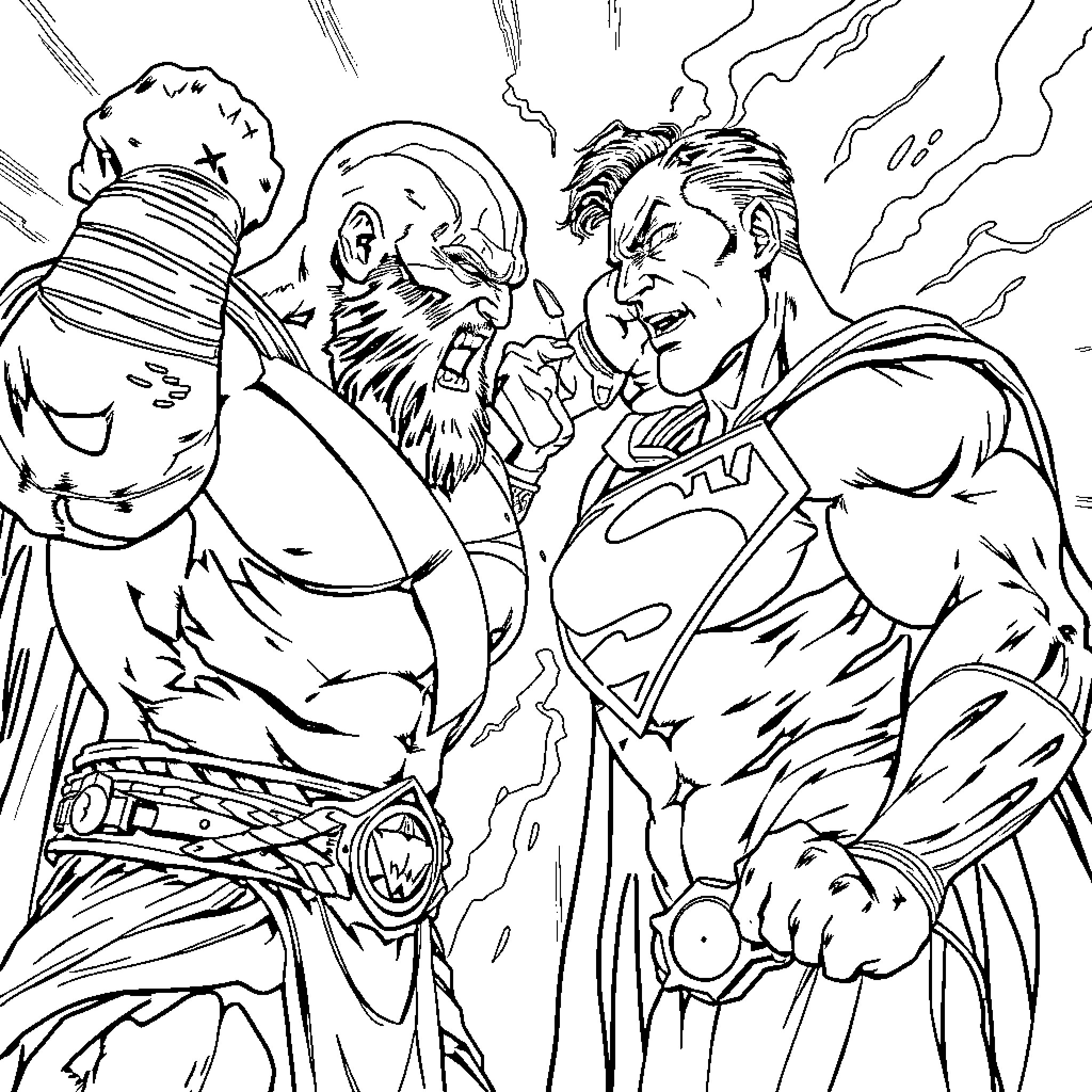 Kratos Facing Fierce Adversary in Dramatic Confrontation Coloring Page (free black-and-white line drawing printable PDF for all, from beginners to advanced learners, including children, teens, adults, and seniors)