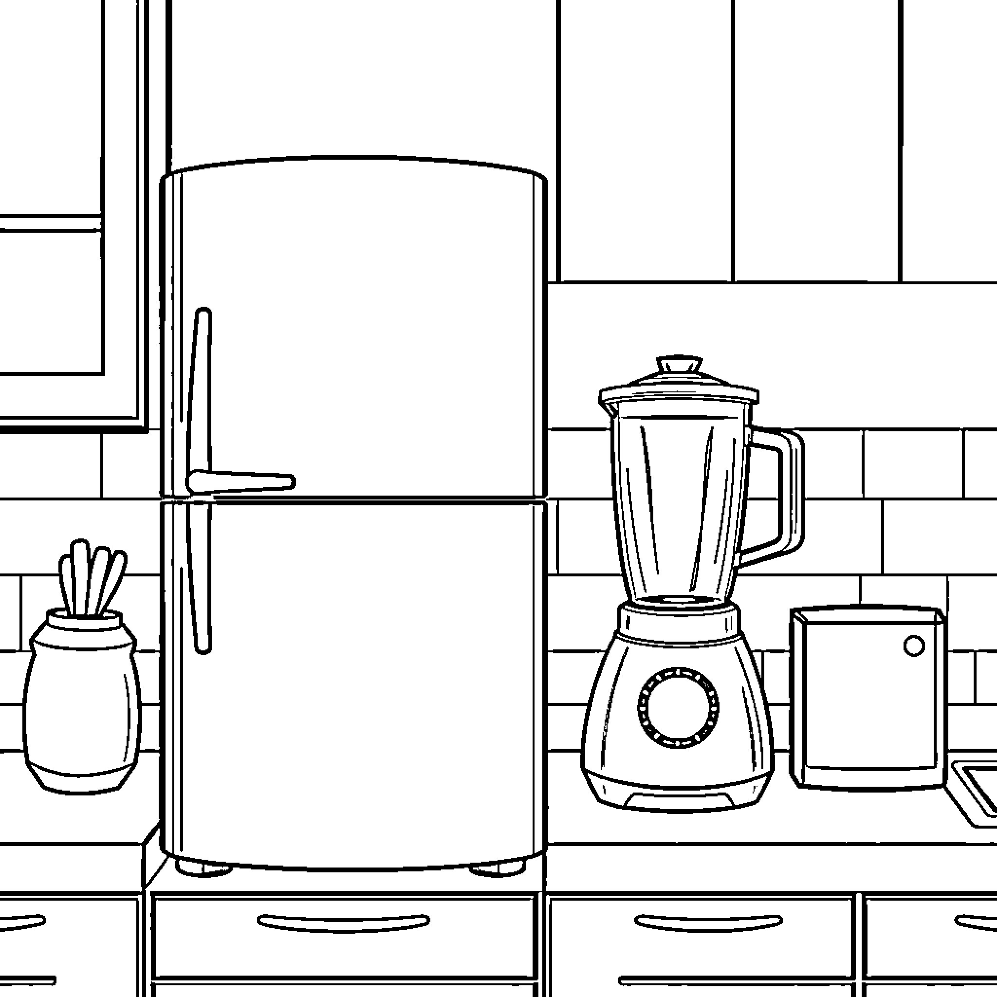 Appliance Accessories and Gadgets in the Kitchen Coloring Page (free black-and-white line drawing printable PDF for all, from beginners to advanced learners, including children, teens, adults, and seniors)