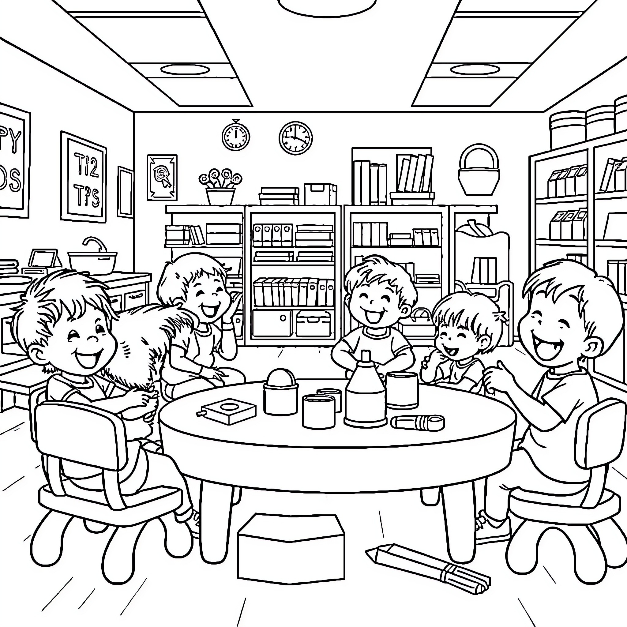 Toddlers playing and learning in classroom Coloring Page (free black-and-white line drawing printable PDF for all, from beginners to advanced learners, including children, teens, adults, and seniors)