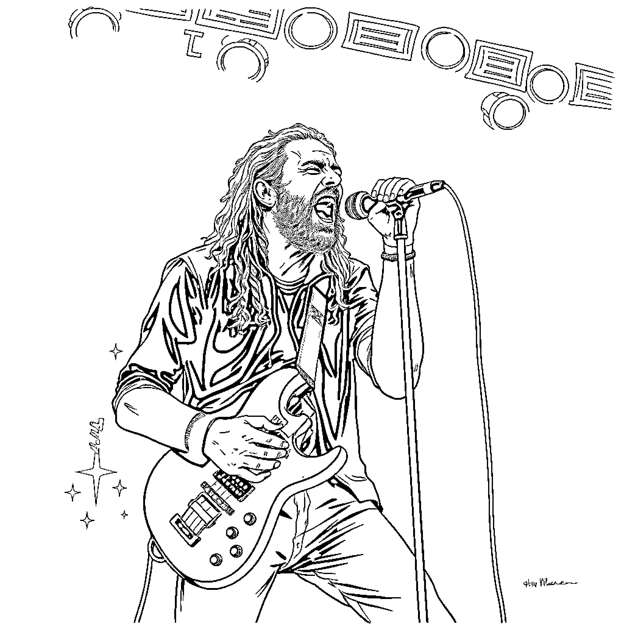 Layne Staley performing on stage with guitar Coloring Page (free black-and-white line drawing printable PDF for all, from beginners to advanced learners, including children, teens, adults, and seniors)