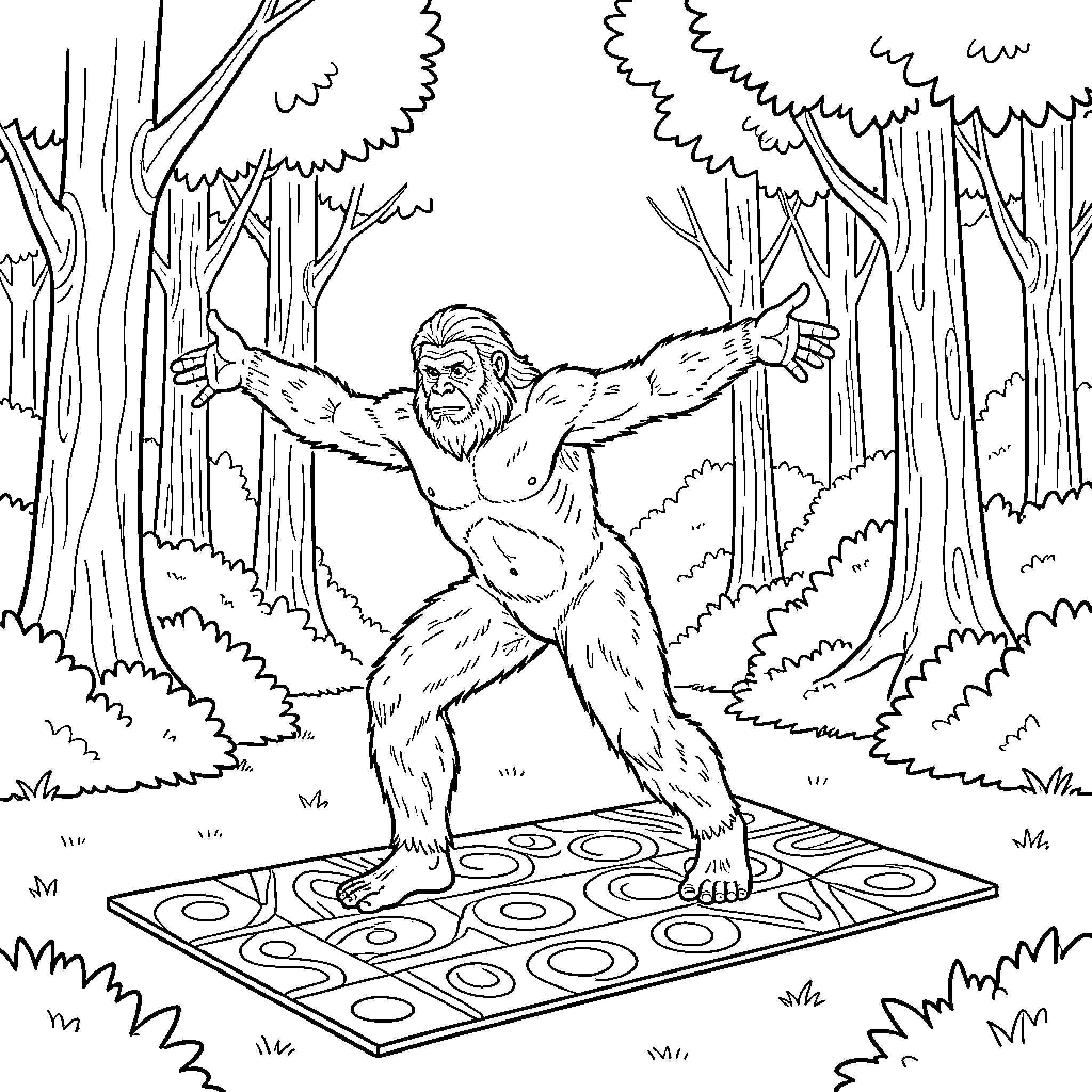 Bigfoot exploring the enchanted forest Coloring Page (free black-and-white line drawing printable PDF for all, from beginners to advanced learners, including children, teens, adults, and seniors)