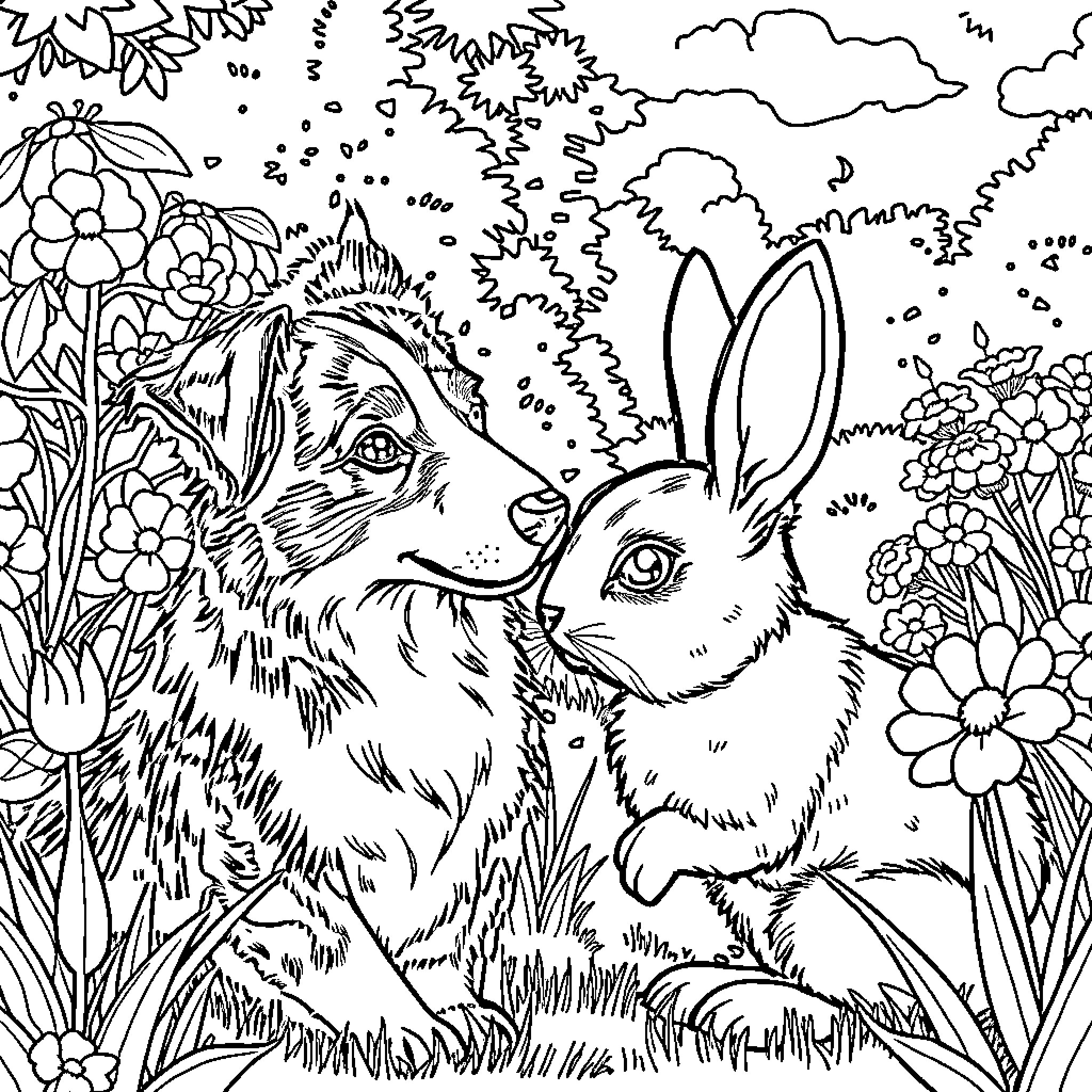 Border Collie and Rabbit in Flower Garden Coloring Page (free black-and-white line drawing printable PDF for all, from beginners to advanced learners, including children, teens, adults, and seniors)