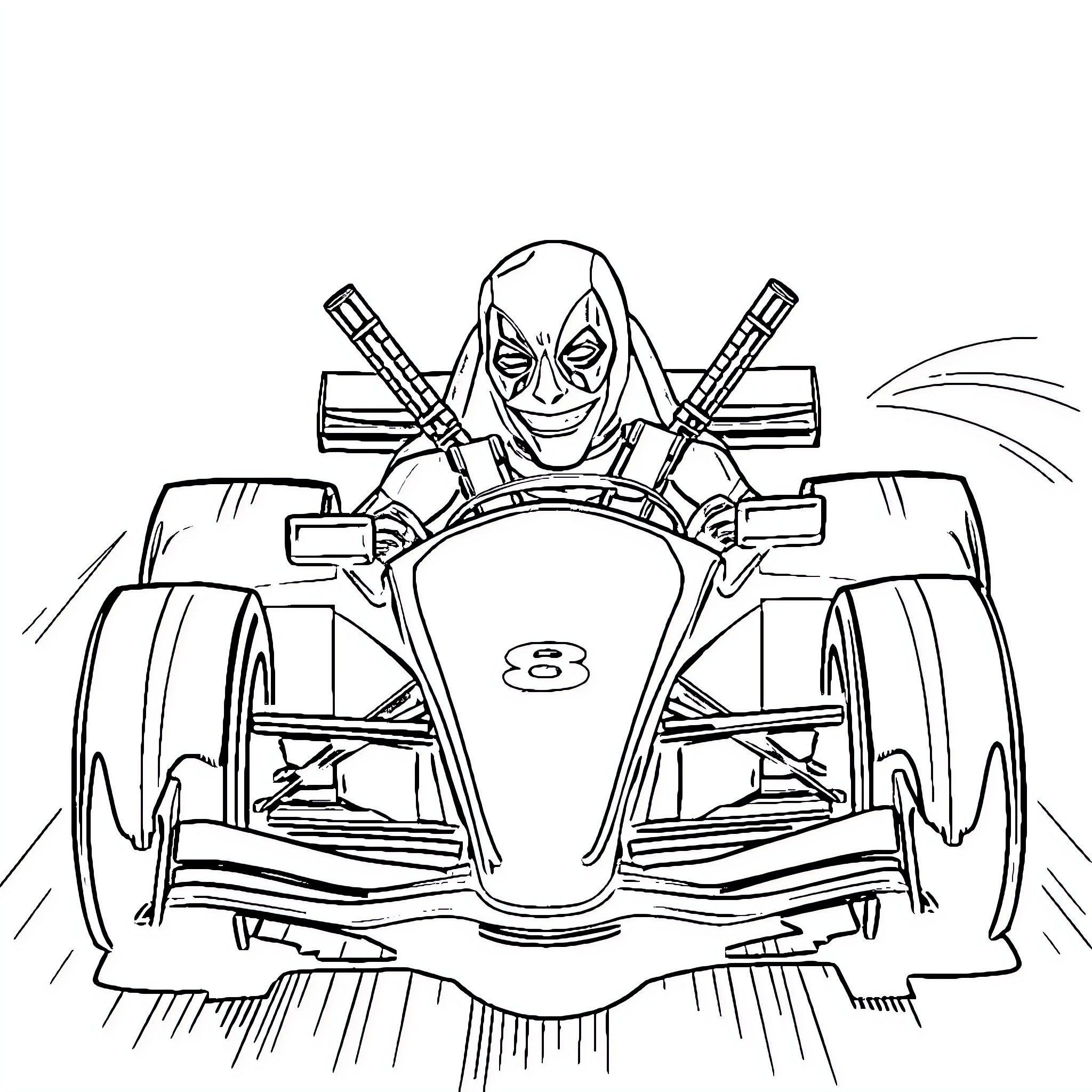 Deadpool speeding on an extreme racing vehicle Coloring Page (free black-and-white line drawing printable PDF for all, from beginners to advanced learners, including children, teens, adults, and seniors)