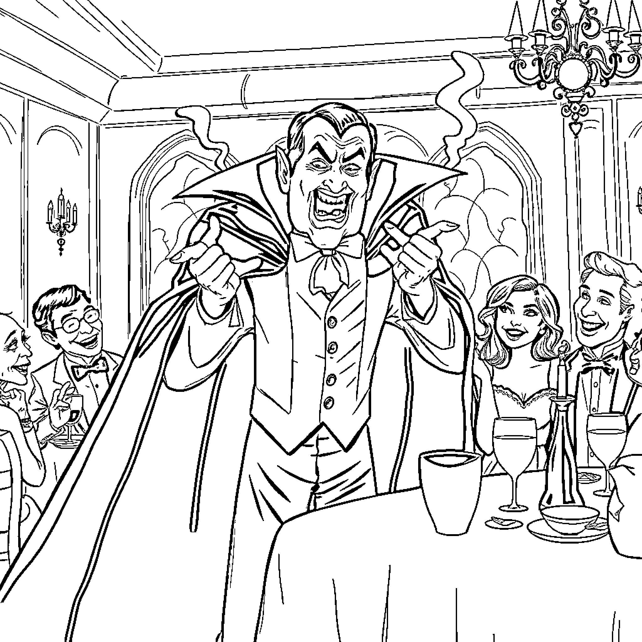 Dracula's Theatrical Presence at the Vampire's Ball Coloring Page (free black-and-white line drawing printable PDF for all, from beginners to advanced learners, including children, teens, adults, and seniors)