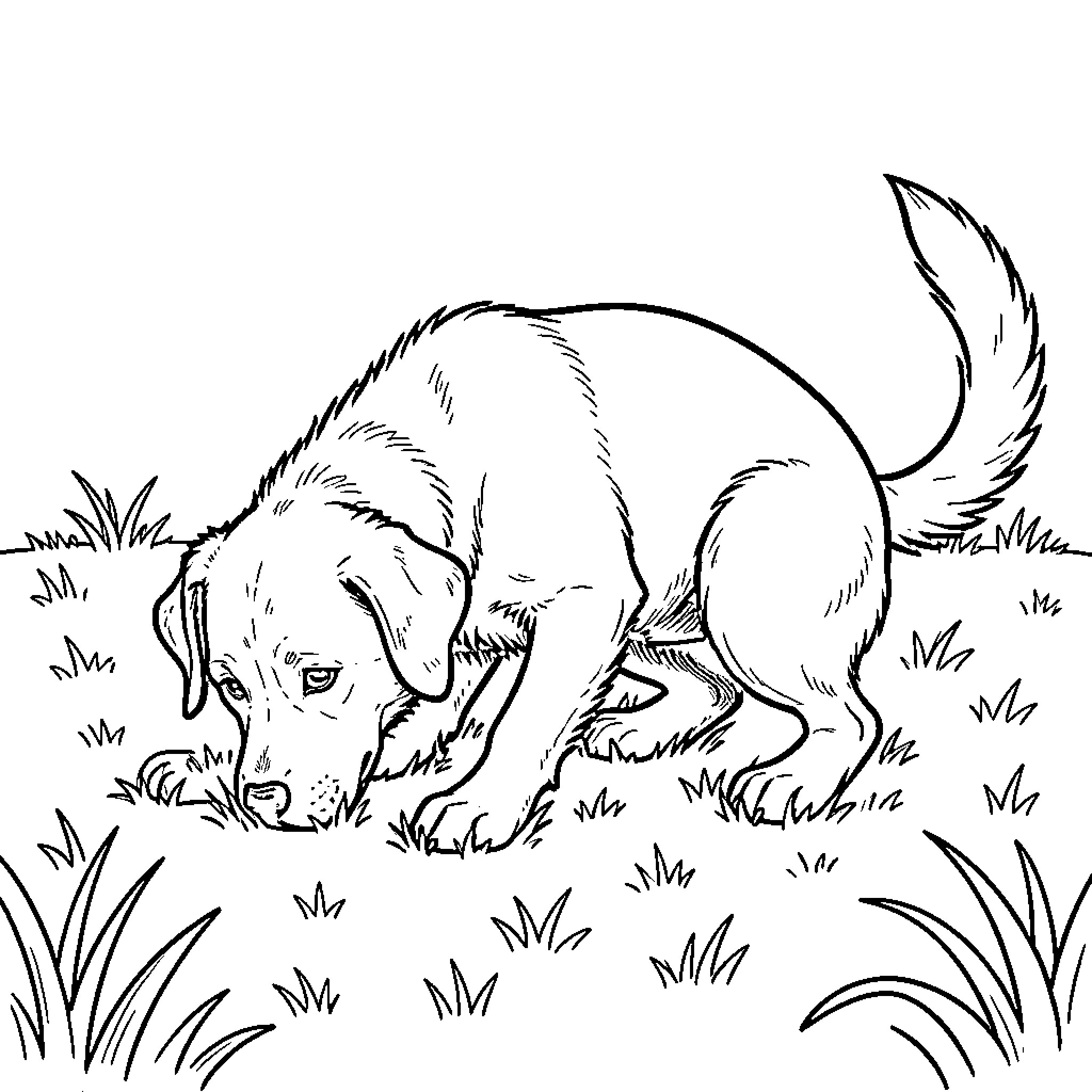 Dog sniffing the grass attentively Coloring Page (free black-and-white line drawing printable PDF for all, from beginners to advanced learners, including children, teens, adults, and seniors)