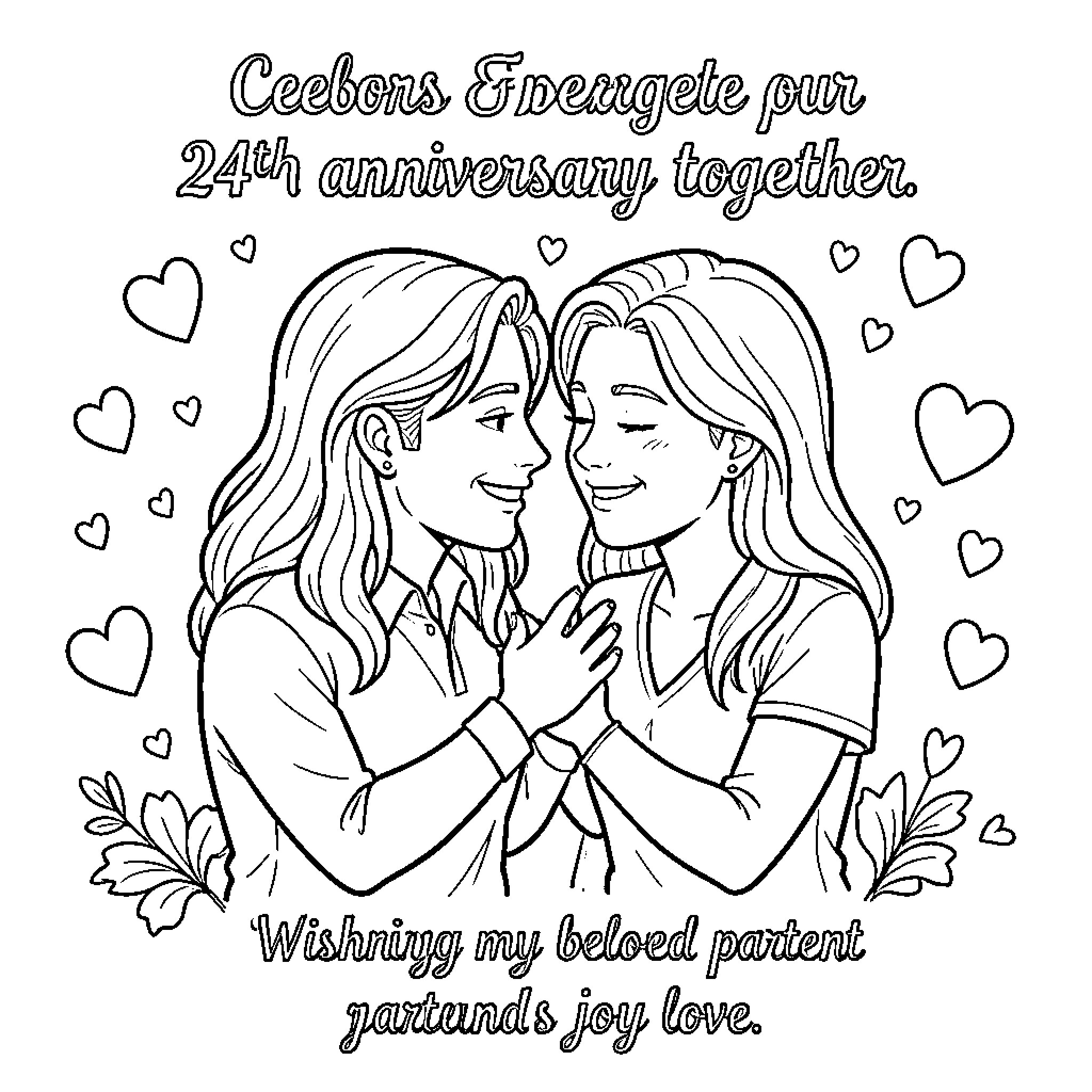 Anniversary celebration of two women smiling at each other Coloring Page (free black-and-white line drawing printable PDF for all, from beginners to advanced learners, including children, teens, adults, and seniors)
